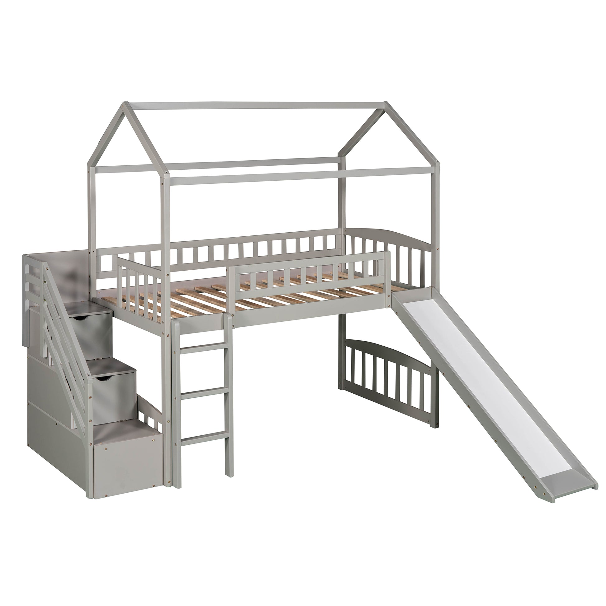 Twin Loft Bed With Two Drawers And Slide, House Bed With Slide, Gray Old Sku: Lp000130Aae Twin Gray Solid Wood