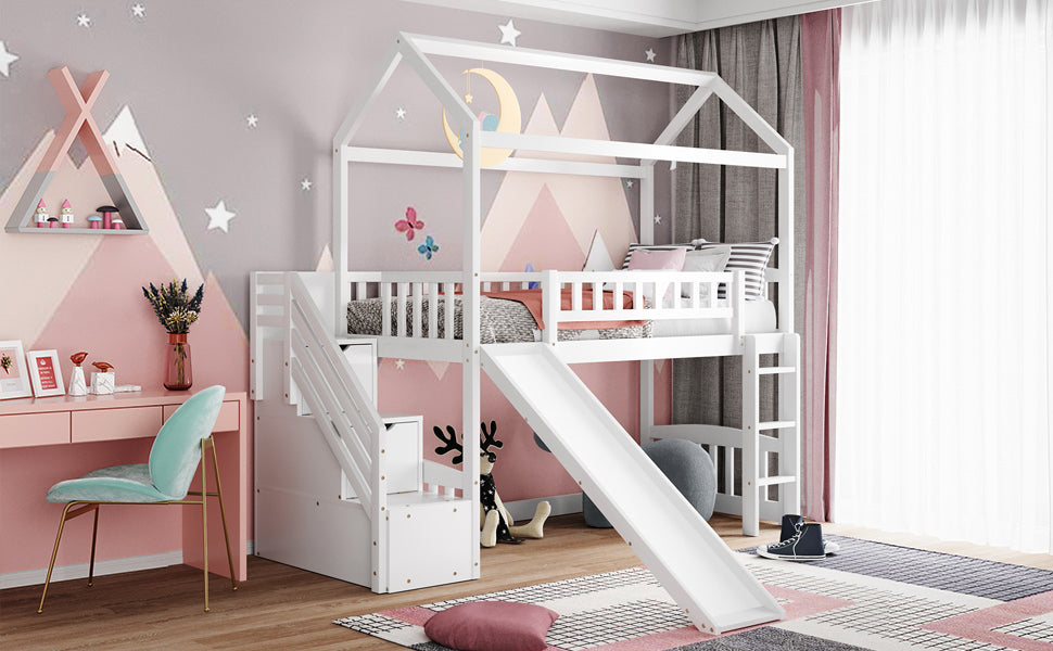 Twin Loft Bed With Two Drawers And Slide, House Bed With Slide, White Old Sku: Lp000130Aak Twin White Solid Wood