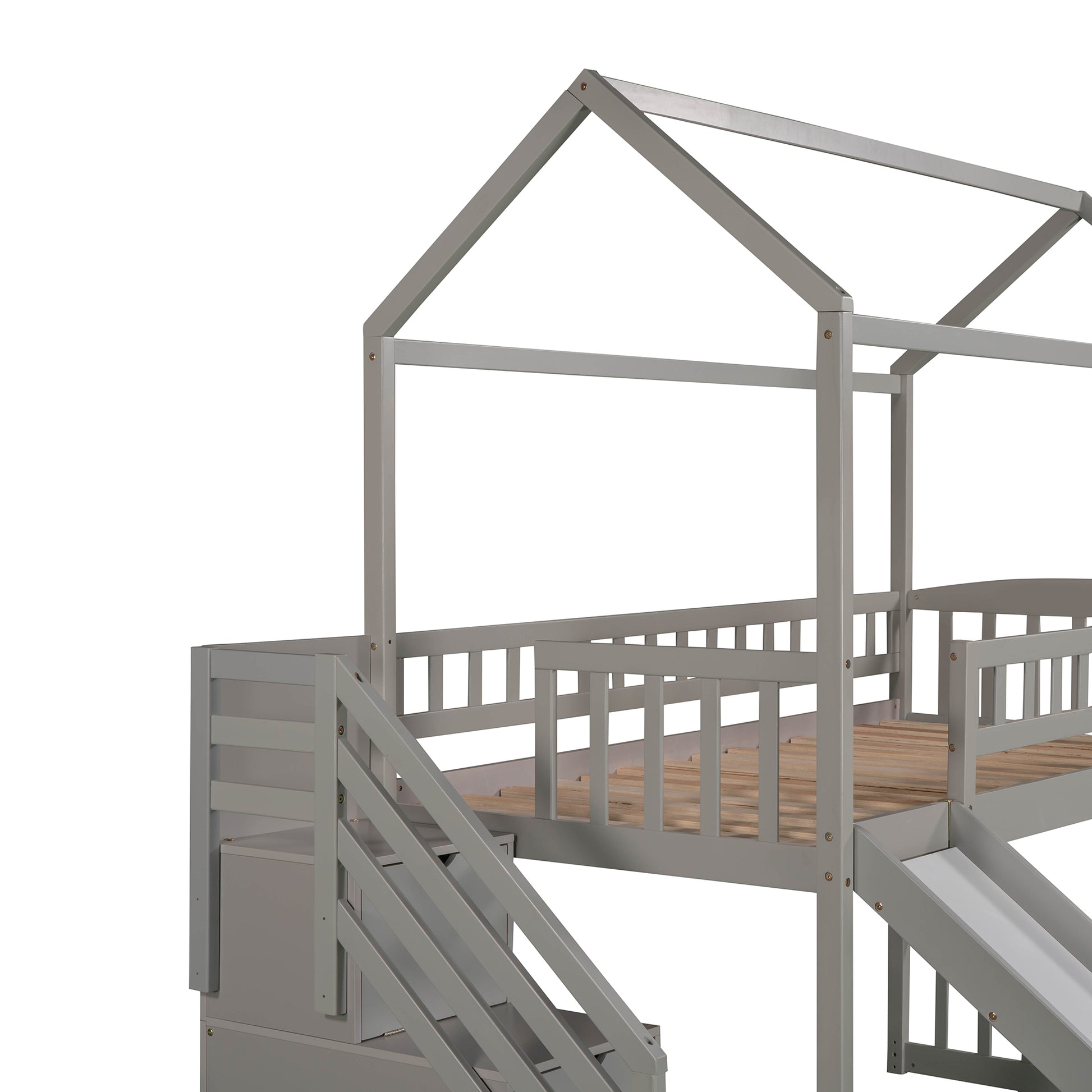 Twin Loft Bed With Two Drawers And Slide, House Bed With Slide, Gray Old Sku: Lp000130Aae Twin Gray Solid Wood