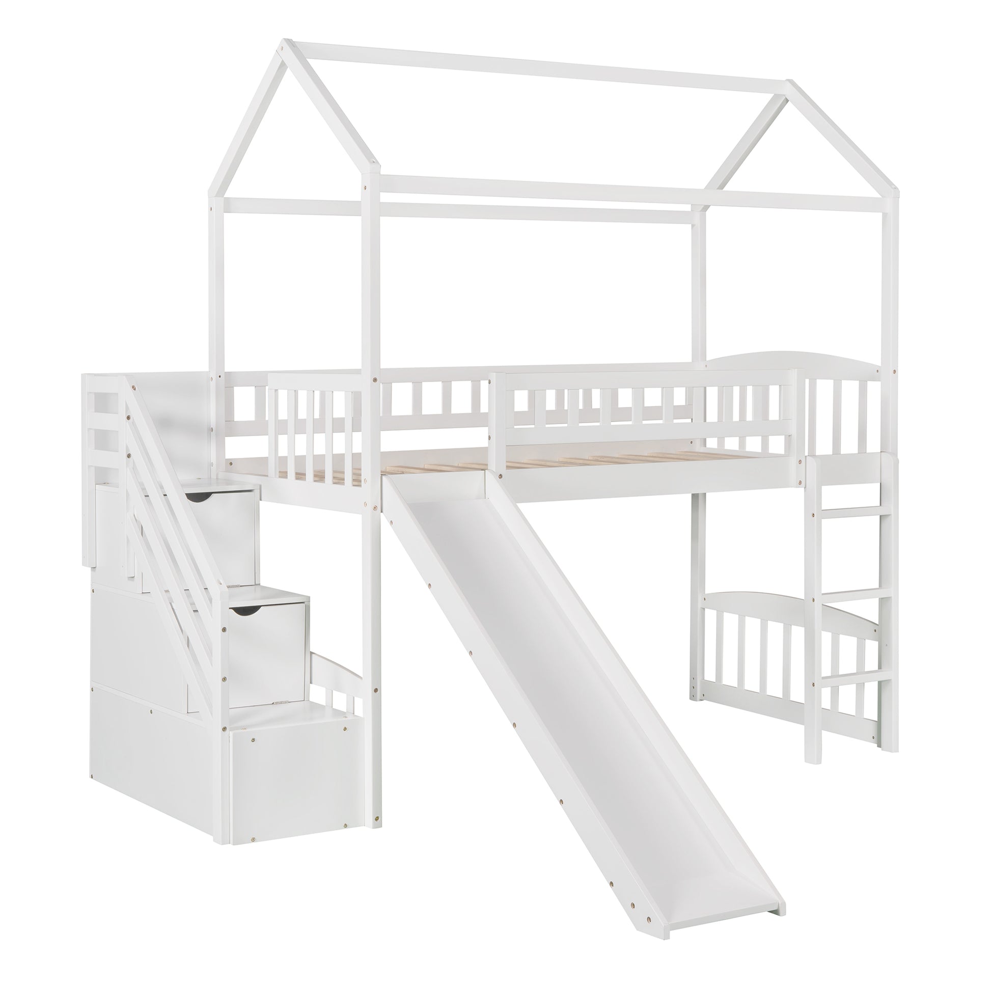 Twin Loft Bed With Two Drawers And Slide, House Bed With Slide, White Old Sku: Lp000130Aak Twin White Solid Wood