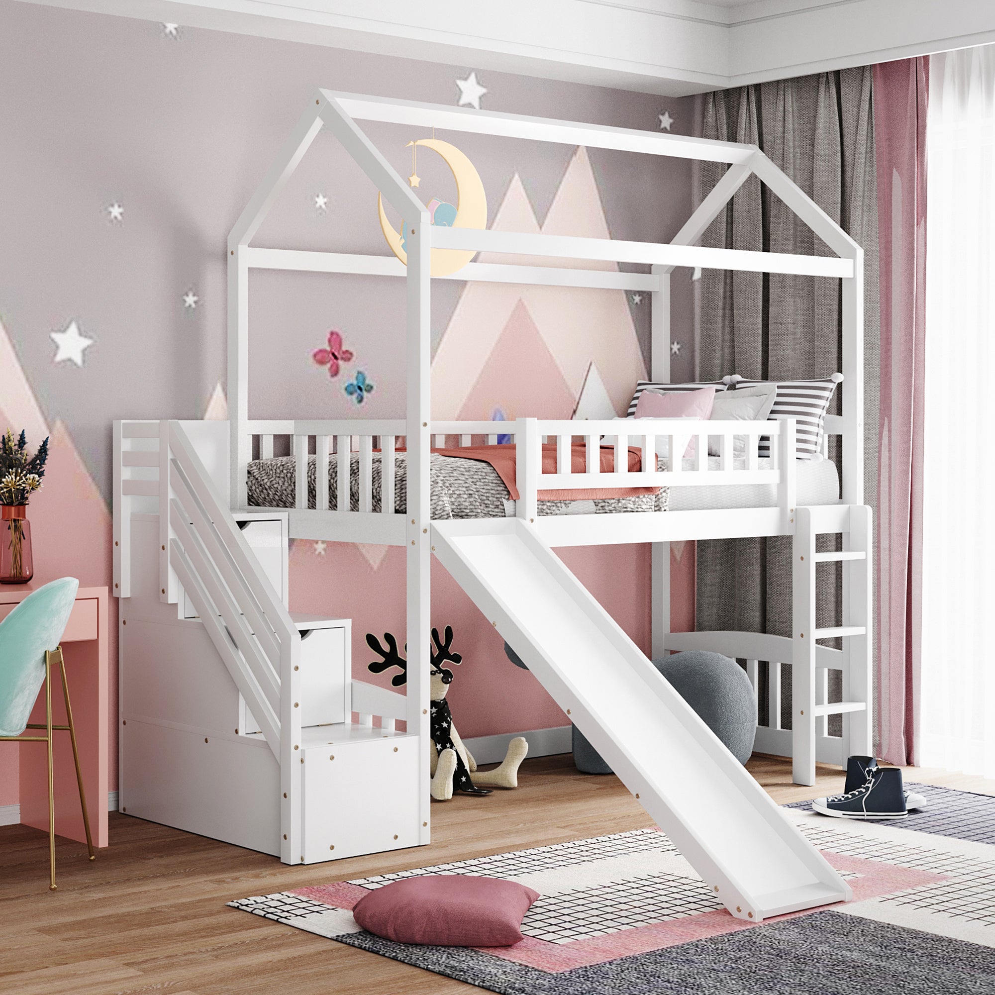 Twin Loft Bed With Two Drawers And Slide, House Bed With Slide, White Old Sku: Lp000130Aak Twin White Solid Wood