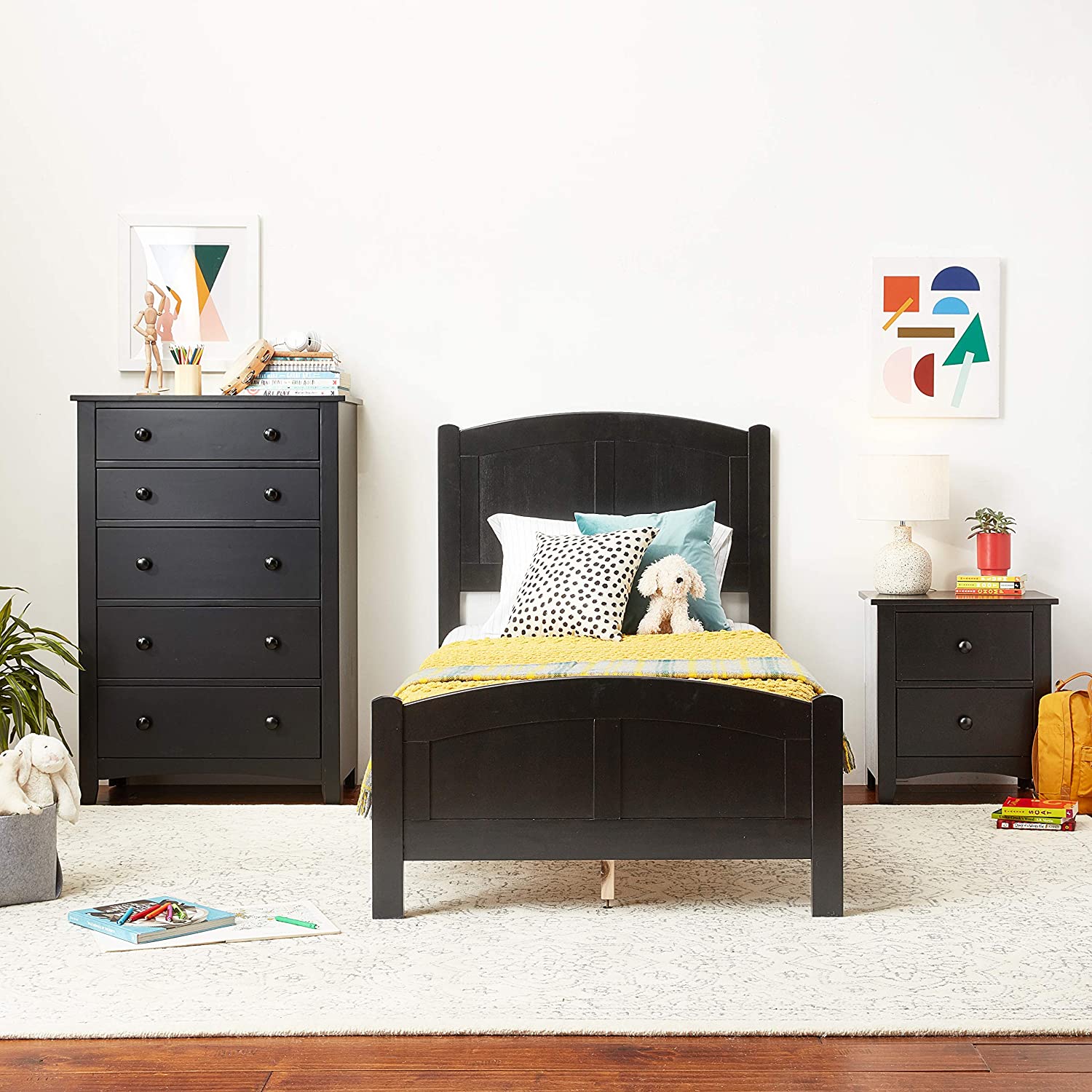 Black Color Twin Size Bed Youth Bedroom Furniture Unique Headboard Footboard Rubberwood Twin Black Bedroom Modern,Transitional Rubberwood Bed Frame Mdf