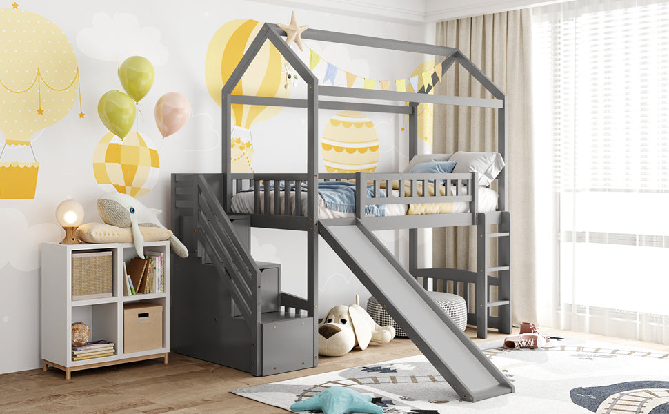 Twin Loft Bed With Two Drawers And Slide, House Bed With Slide, Gray Old Sku: Lp000130Aae Twin Gray Solid Wood