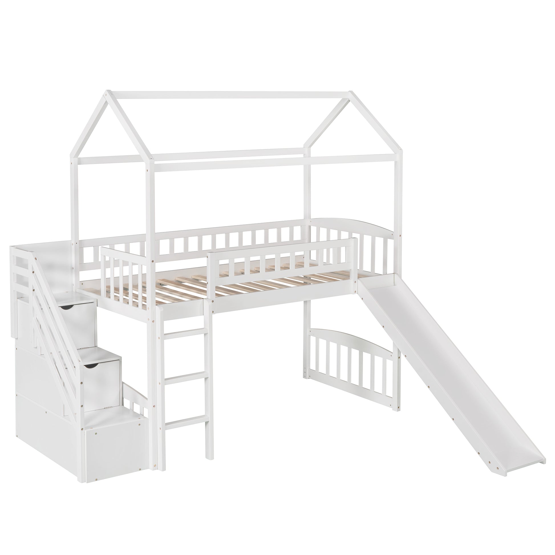 Twin Loft Bed With Two Drawers And Slide, House Bed With Slide, White Old Sku: Lp000130Aak Twin White Solid Wood