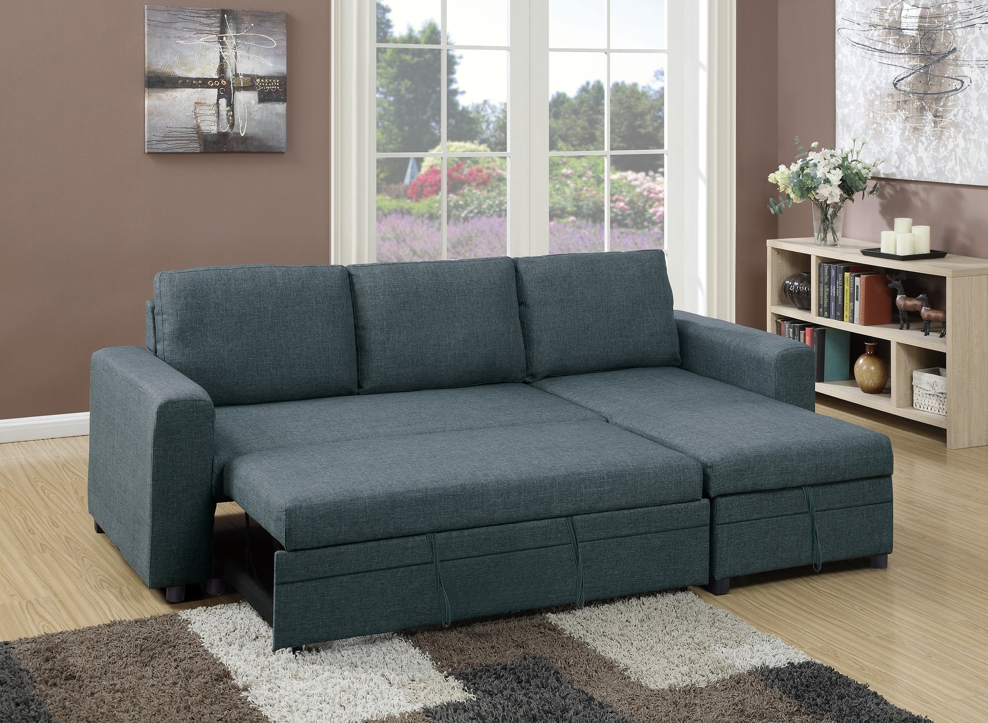 Living Room Furniture Convertible Sectional Blue Grey Color Polyfiber Reversible Chaise Storage Sofa Pull Out Bed Couch Blue Gray Primary Living Space Cushion Back Contemporary,Modern L Shaped Square Arms Plywood 4 Seat