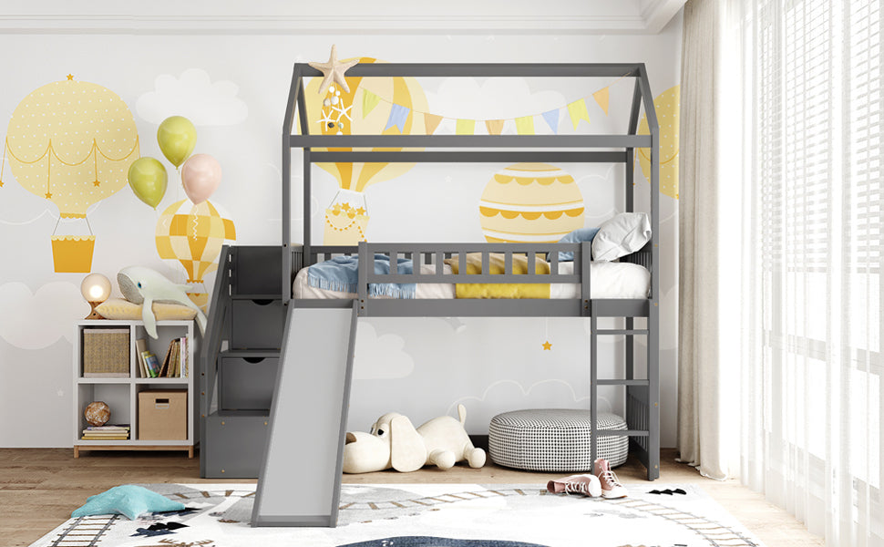 Twin Loft Bed With Two Drawers And Slide, House Bed With Slide, Gray Old Sku: Lp000130Aae Twin Gray Solid Wood