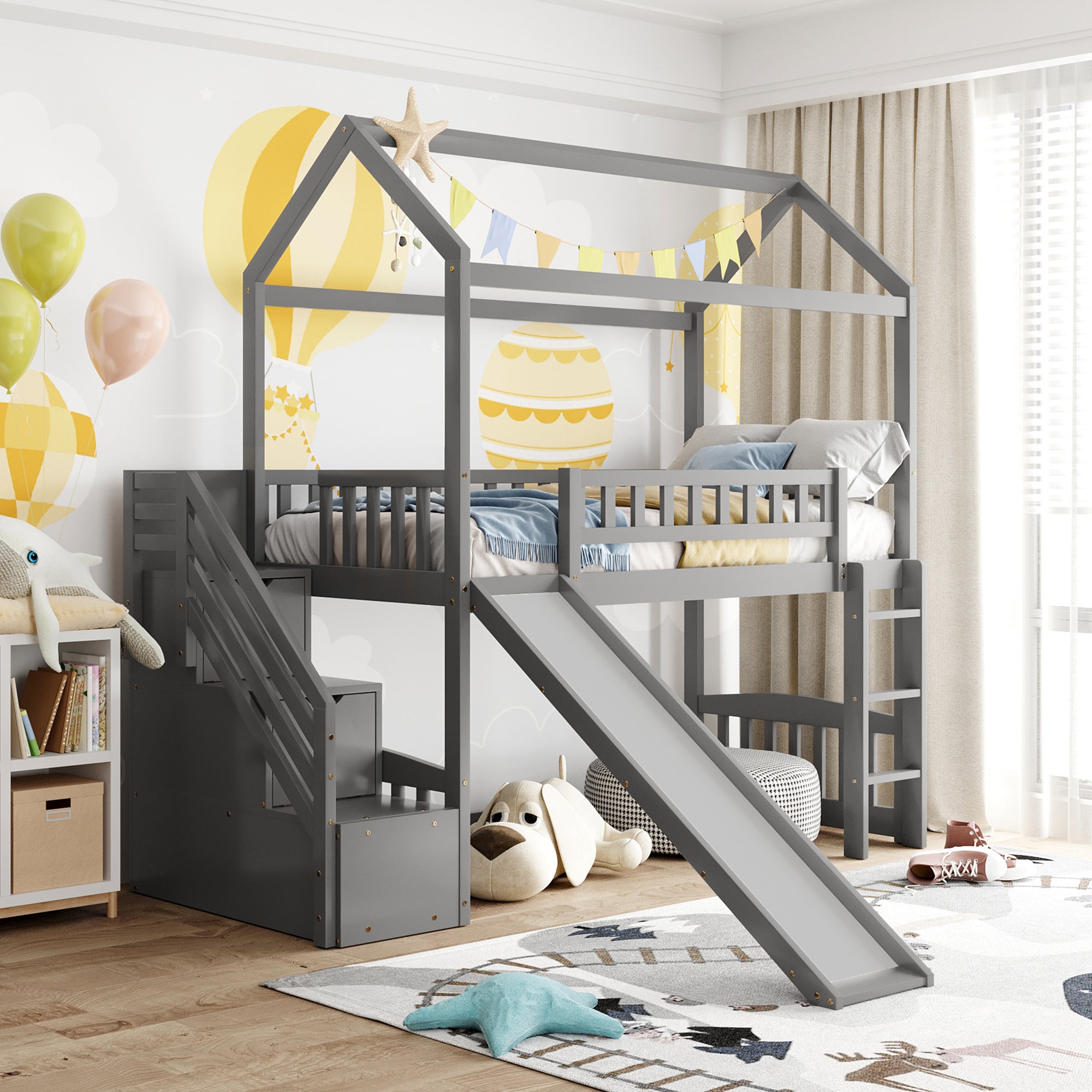 Twin Loft Bed With Two Drawers And Slide, House Bed With Slide, Gray Old Sku: Lp000130Aae Twin Gray Solid Wood