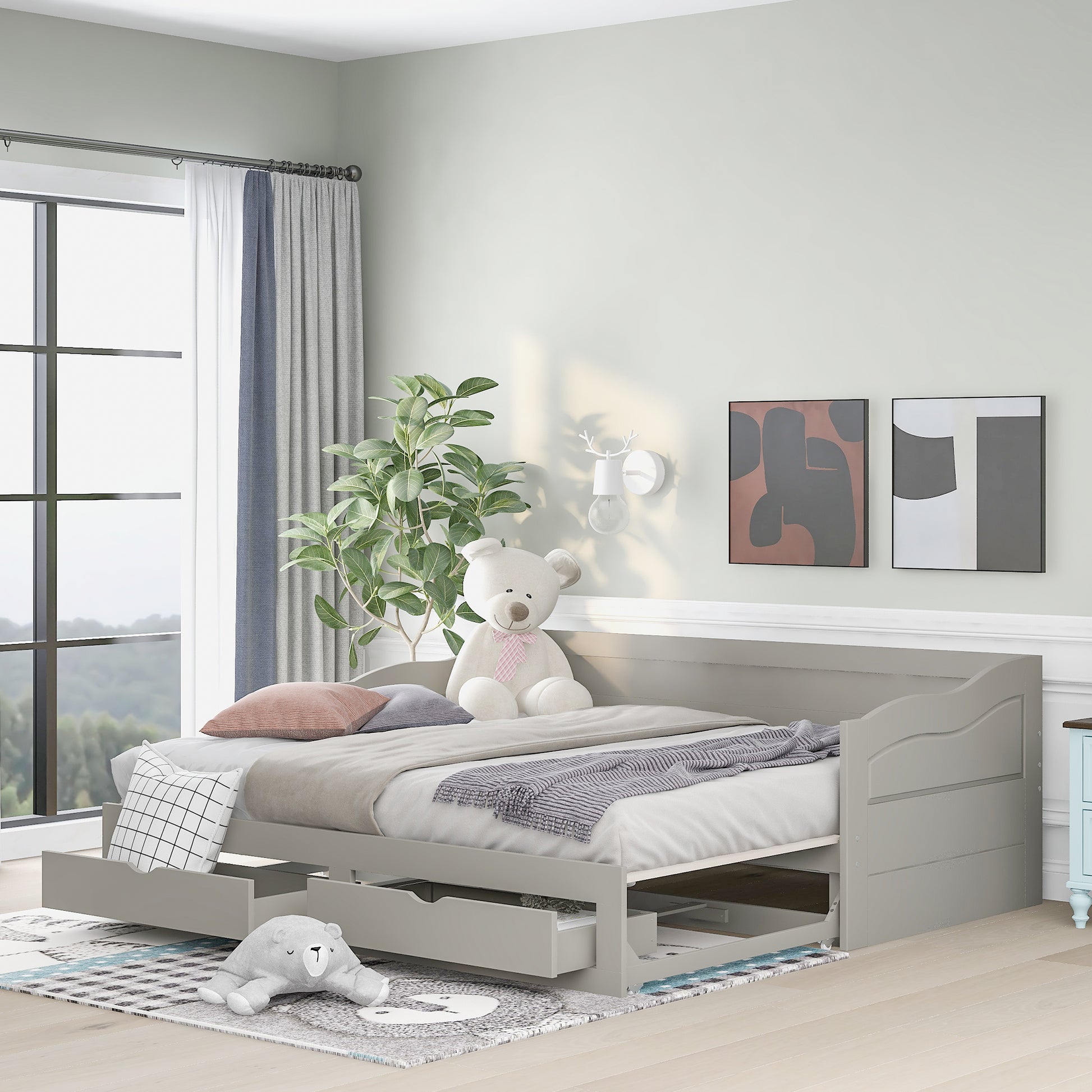 Wooden Daybed With Trundle Bed And Two Storage Drawersextendable Bed Daybed,Sofa Bed With Two Drawers, Gray Gray Solid Wood