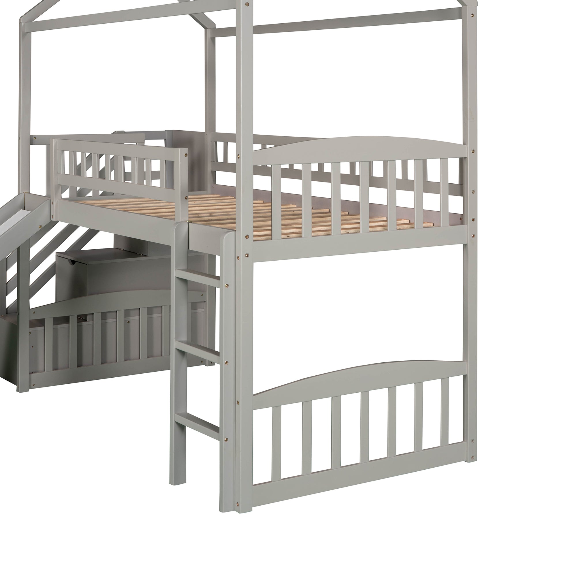 Twin Loft Bed With Two Drawers And Slide, House Bed With Slide, Gray Old Sku: Lp000130Aae Twin Gray Solid Wood