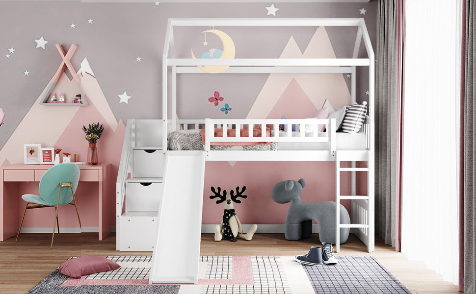 Twin Loft Bed With Two Drawers And Slide, House Bed With Slide, White Old Sku: Lp000130Aak Twin White Solid Wood