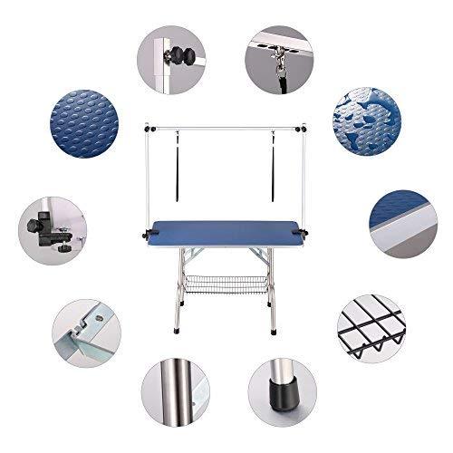 High Quality Folding Pet Grooming Table Stainless Legs And Arms Blue Rubber Top Storage Basket Blue Wood Stainless Steel