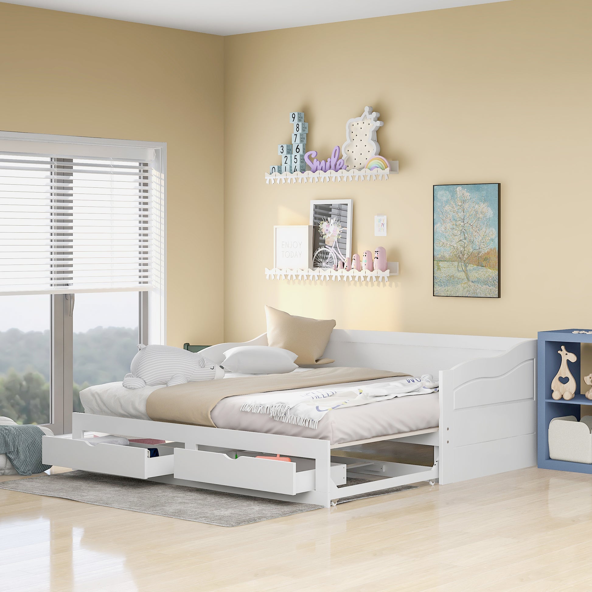 Wooden Daybed With Trundle Bed And Two Storage Drawersextendable Bed Daybed,Sofa Bed With Two Drawers, White White Solid Wood