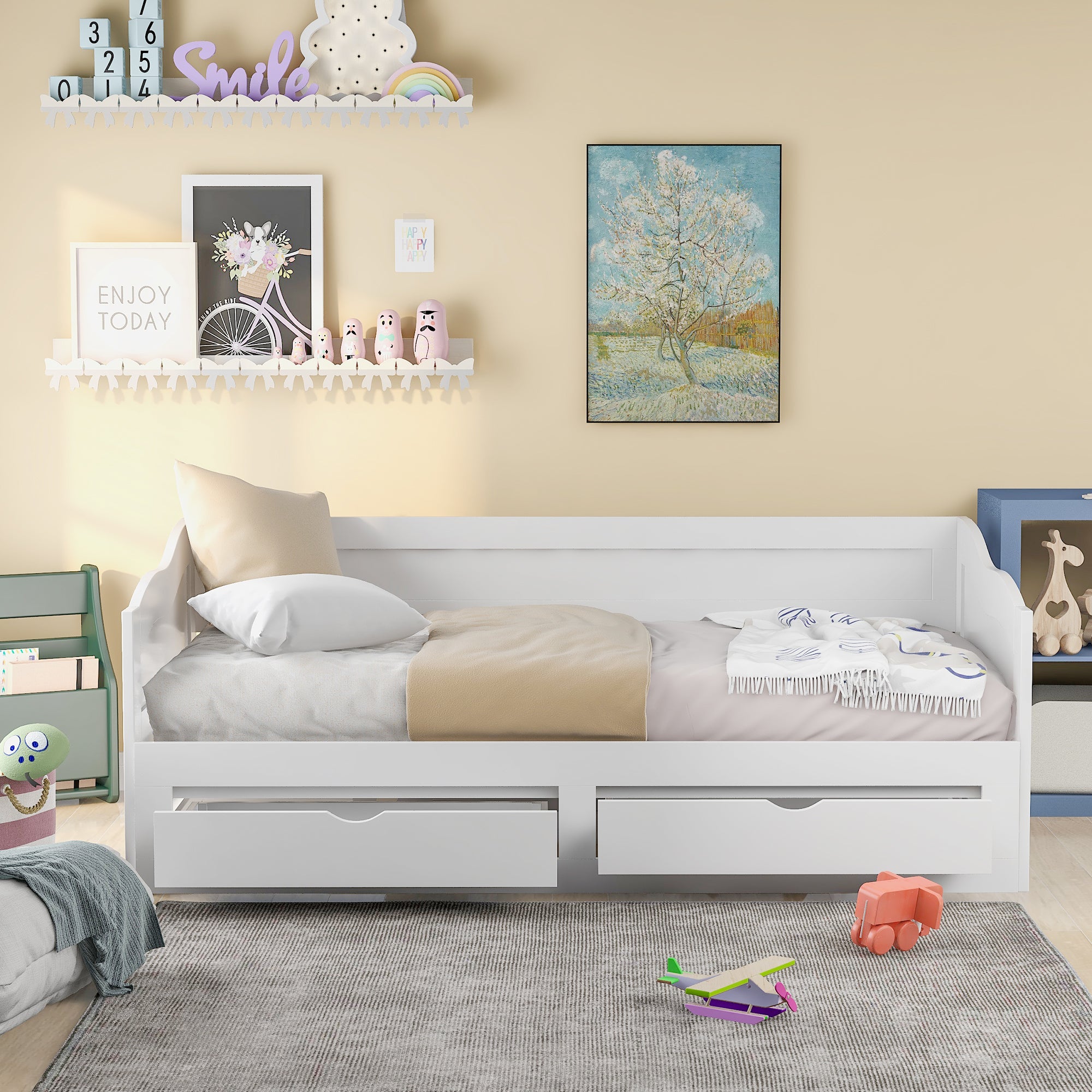 Wooden Daybed With Trundle Bed And Two Storage Drawersextendable Bed Daybed,Sofa Bed With Two Drawers, White White Solid Wood