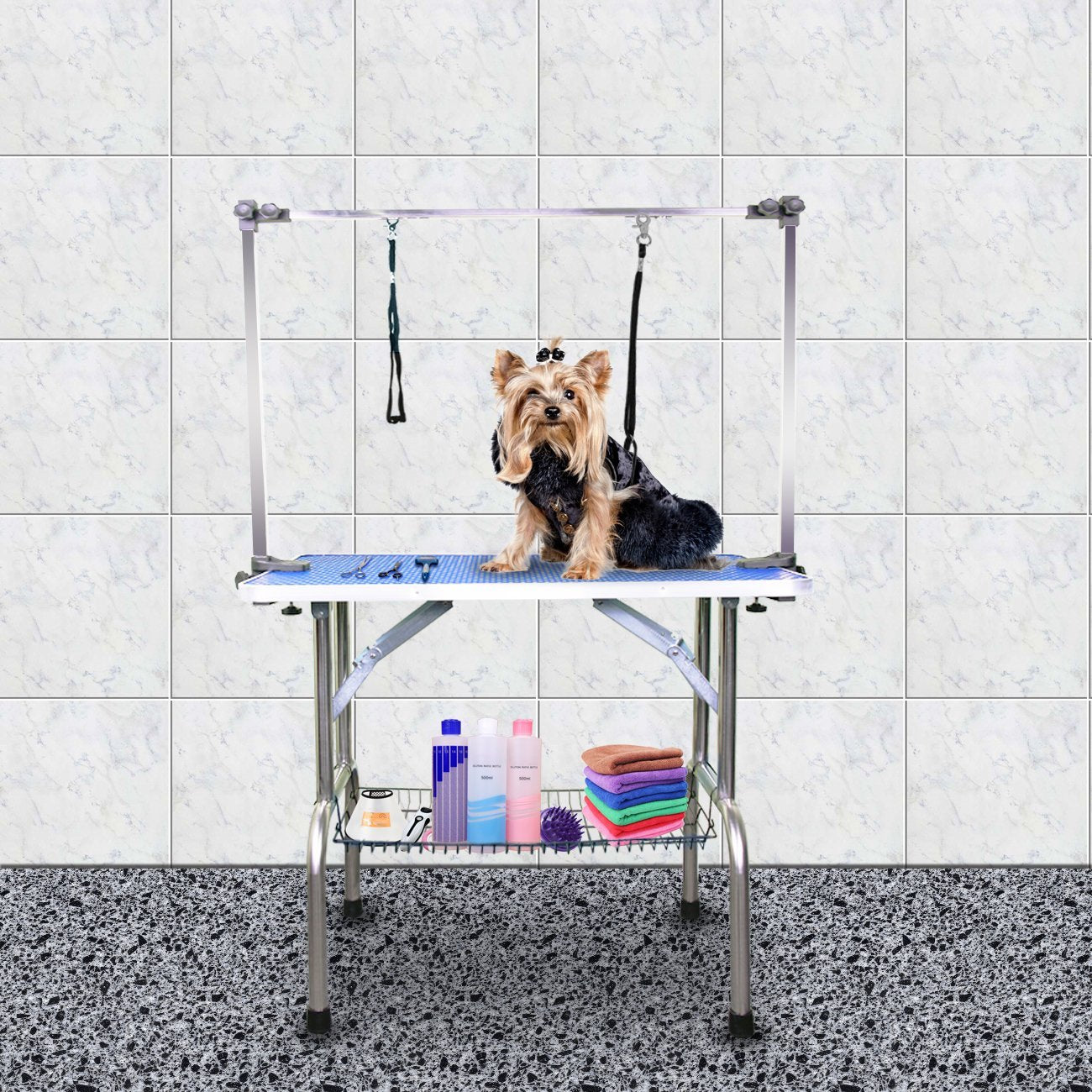 High Quality Folding Pet Grooming Table Stainless Legs And Arms Blue Rubber Top Storage Basket Blue Wood Stainless Steel