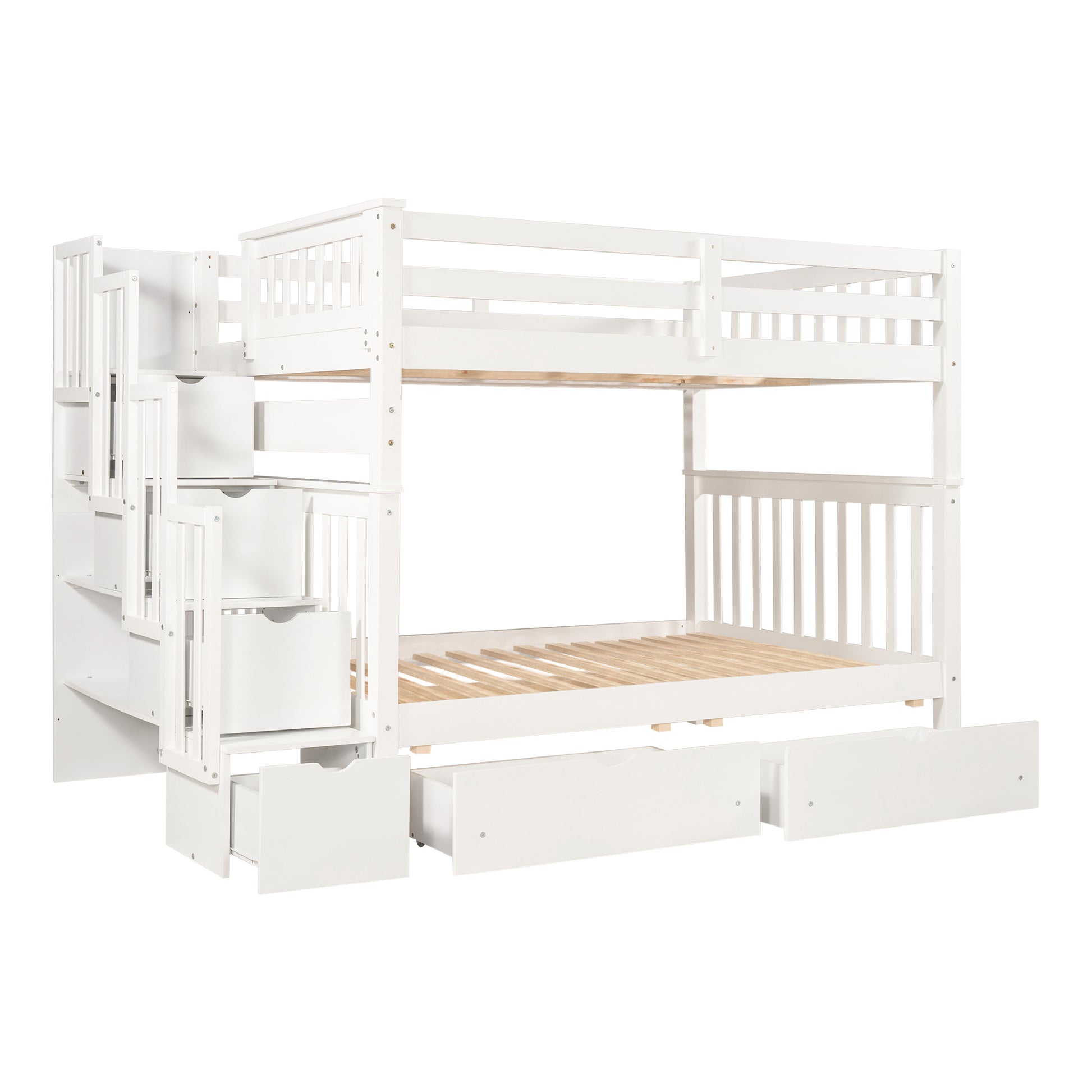 Full Over Full Bunk Bed With Shelves And 6 Storage Drawers, White Old Sku:Lp000046Aak White Solid Wood