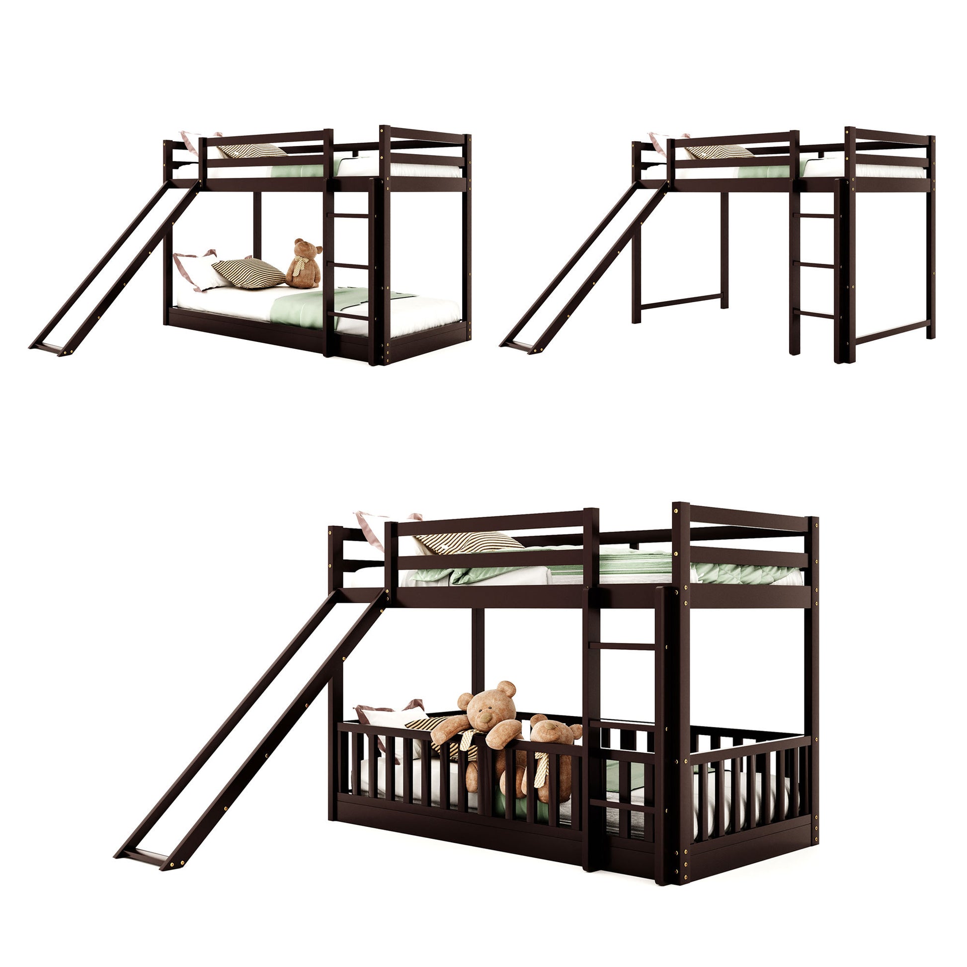 Twin Over Twin Bunk Bed With Slide And Ladder, Espresso Old Sku:Lp000009Aap Espresso Solid Wood