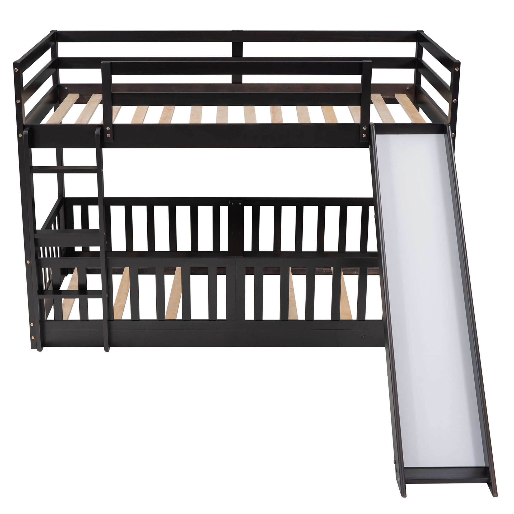 Twin Over Twin Bunk Bed With Slide And Ladder, Espresso Old Sku:Lp000009Aap Espresso Solid Wood