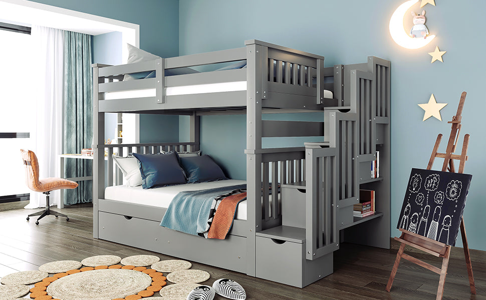 Full Over Full Bunk Bed With Shelves And 6 Storage Drawers, Gray Old Sku:Lp000046Aae Gray Solid Wood