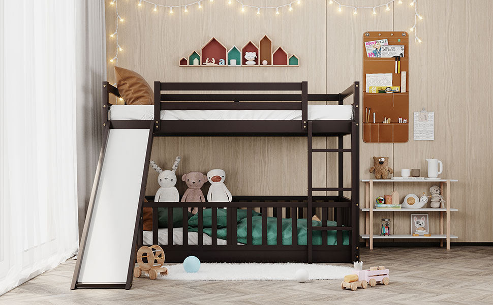 Twin Over Twin Bunk Bed With Slide And Ladder, Espresso Old Sku:Lp000009Aap Espresso Solid Wood