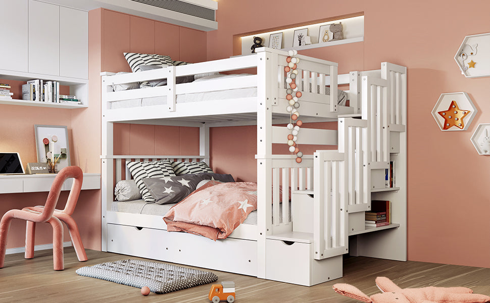 Full Over Full Bunk Bed With Shelves And 6 Storage Drawers, White Old Sku:Lp000046Aak White Solid Wood