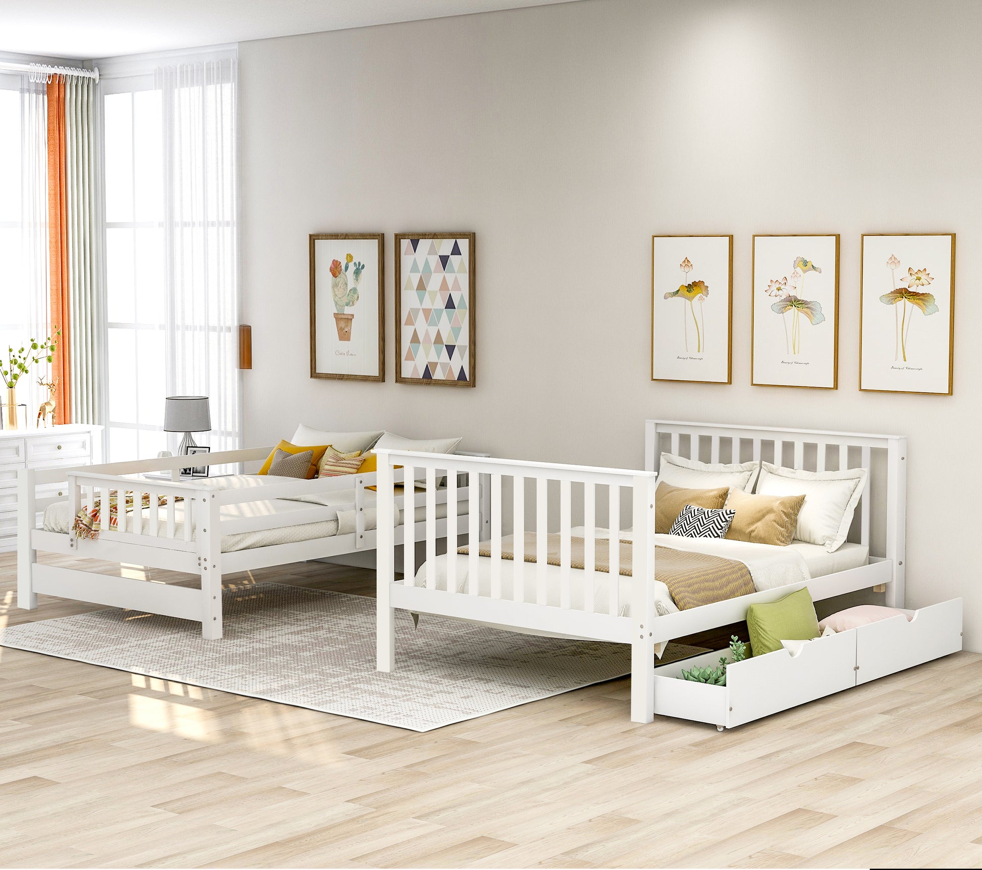 Full Over Full Bunk Bed With Shelves And 6 Storage Drawers, White Old Sku:Lp000046Aak White Solid Wood