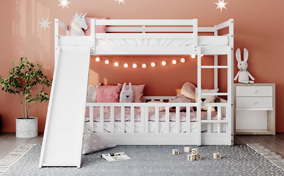 Twin Over Twin Bunk Bed With Slide And Ladder, White Old Sku:Lp000009Aak White Solid Wood