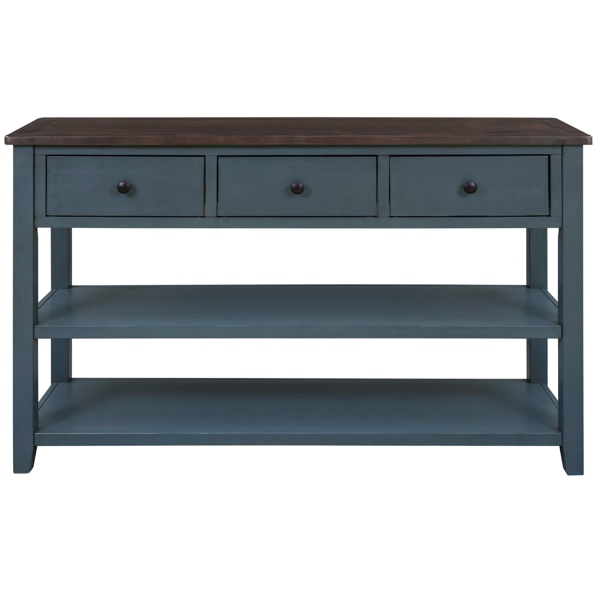 Retro Design Console Table With Two Open Shelves, Pine Solid Wood Frame And Legs For Living Room Navy Navy Solid Wood