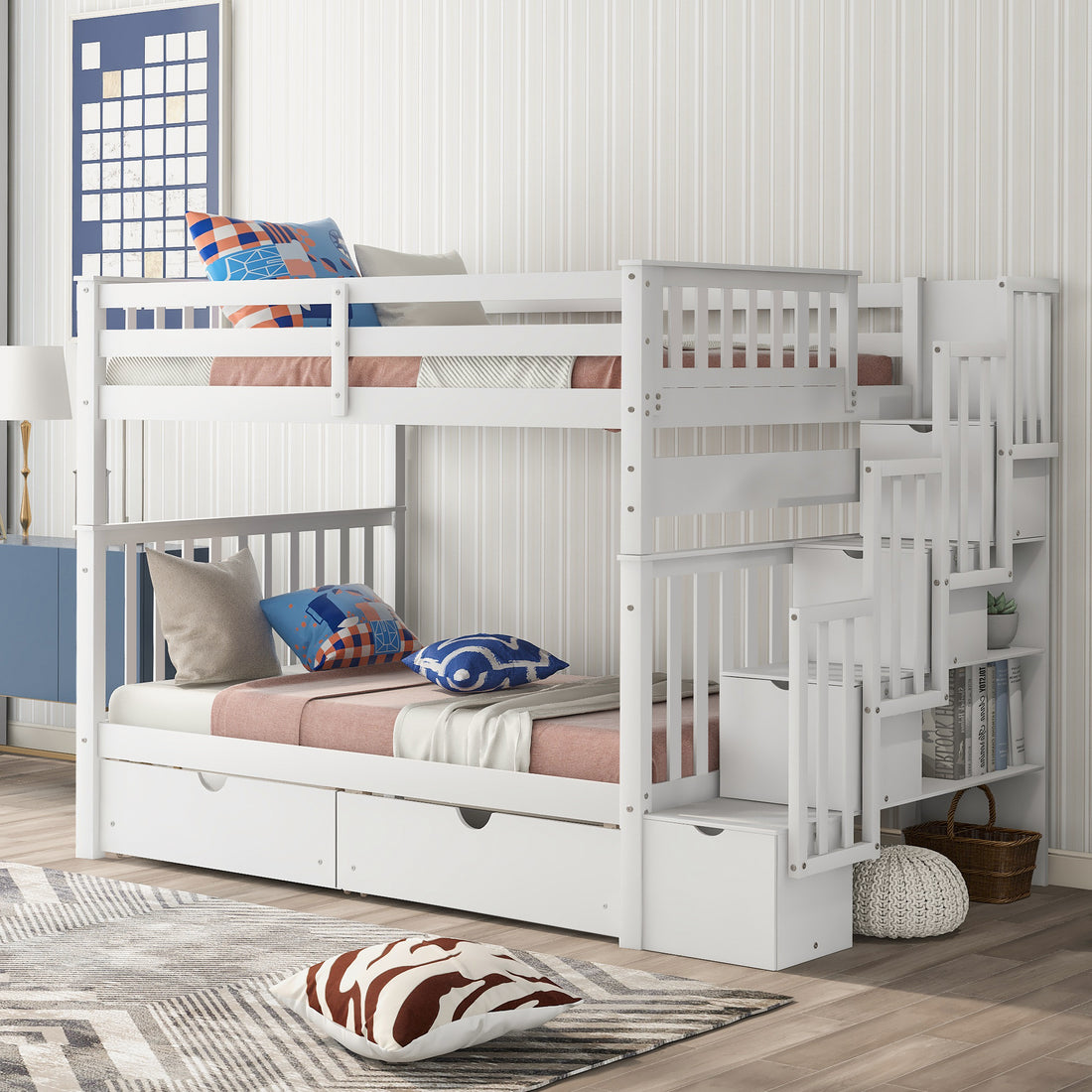 Full Over Full Bunk Bed With Shelves And 6 Storage Drawers, White Old Sku:Lp000046Aak White Solid Wood