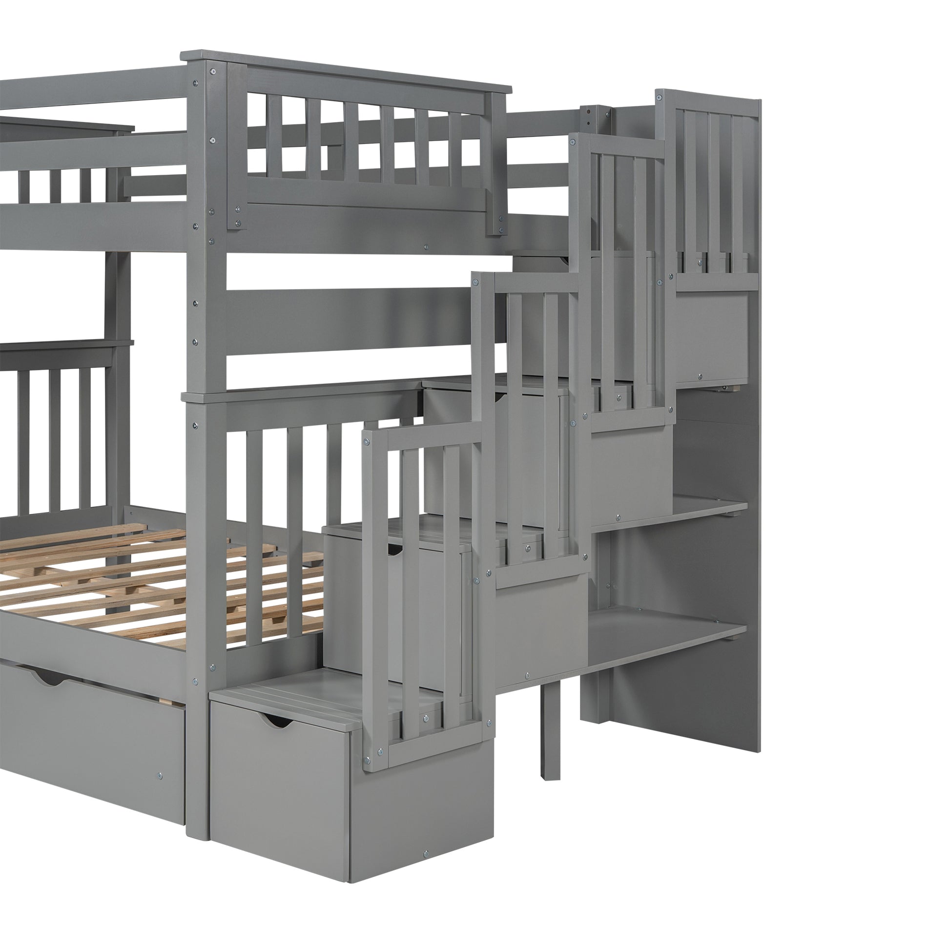 Full Over Full Bunk Bed With Shelves And 6 Storage Drawers, Gray Old Sku:Lp000046Aae Gray Solid Wood