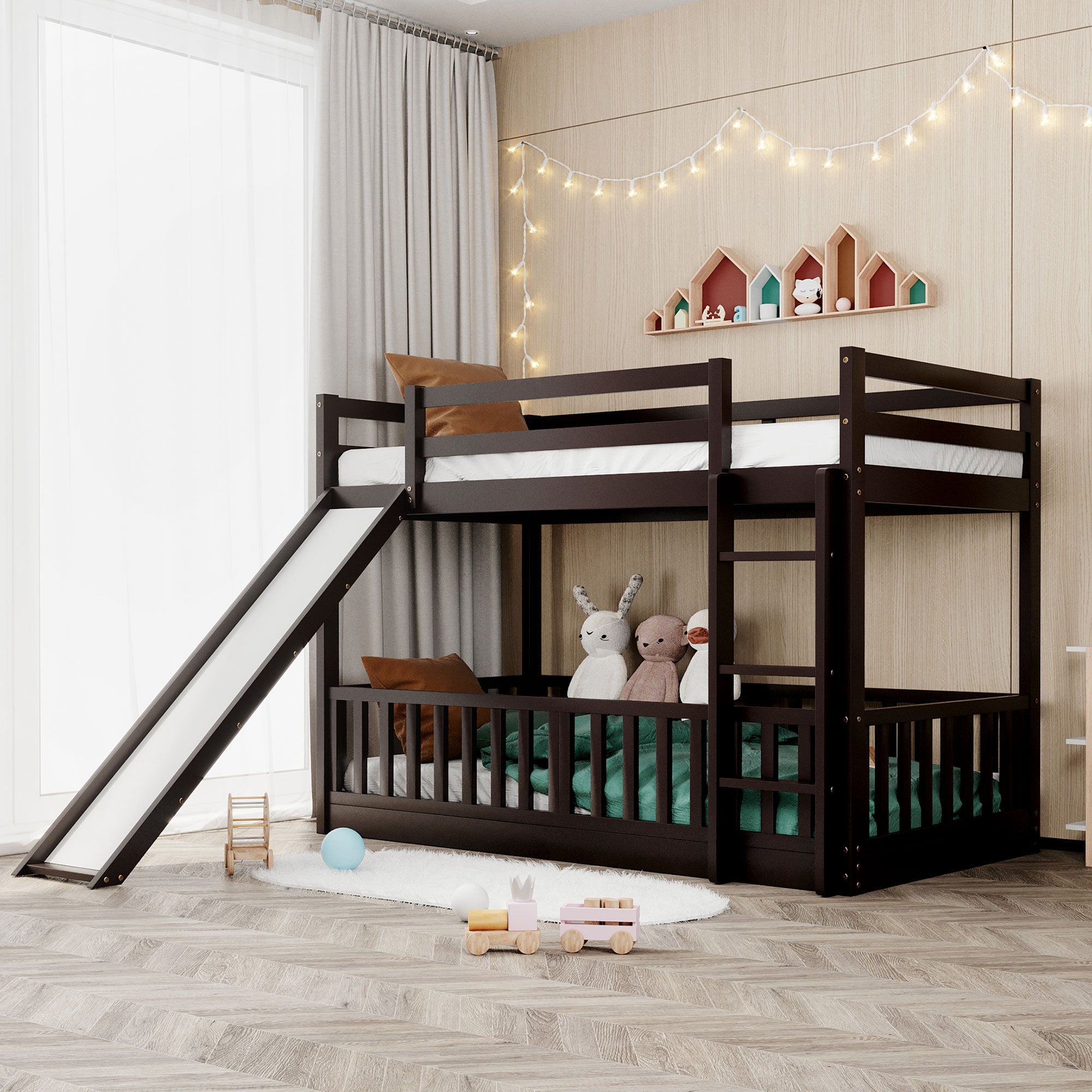 Twin Over Twin Bunk Bed With Slide And Ladder, Espresso Old Sku:Lp000009Aap Espresso Solid Wood