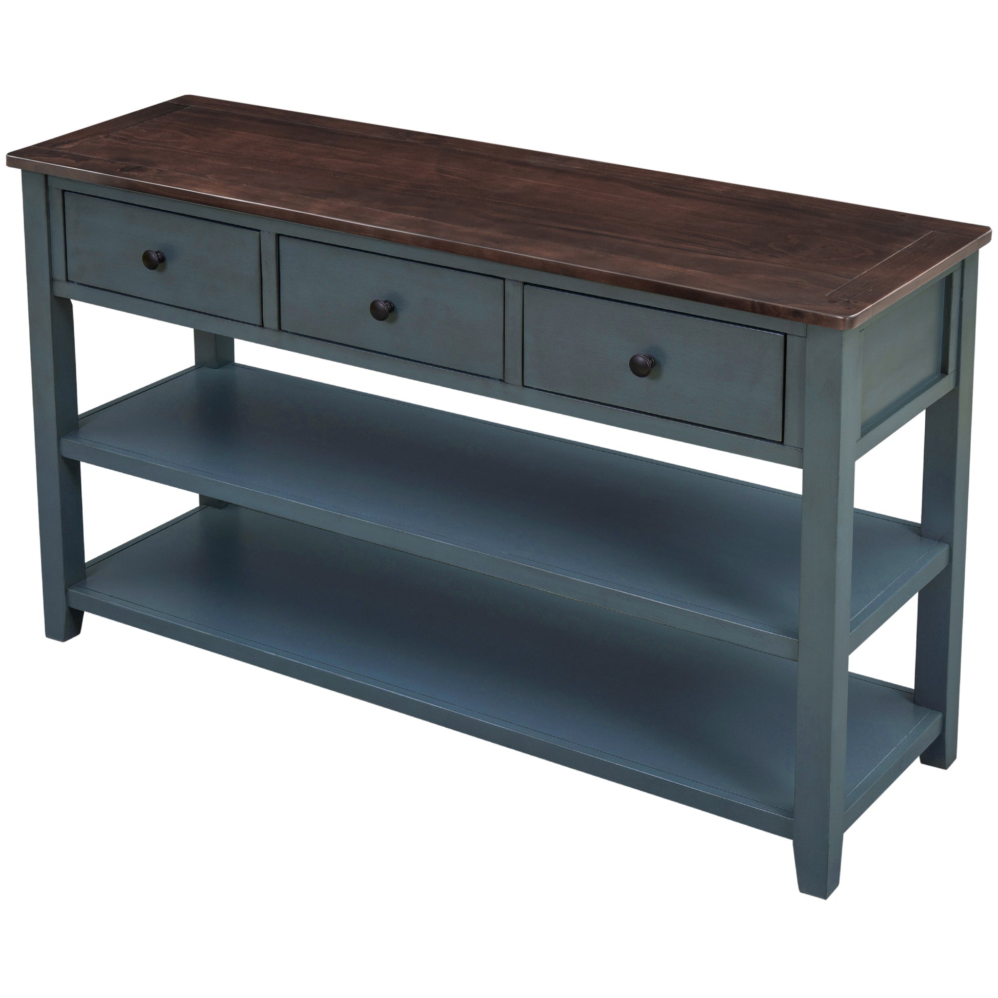 Retro Design Console Table With Two Open Shelves, Pine Solid Wood Frame And Legs For Living Room Navy Navy Solid Wood