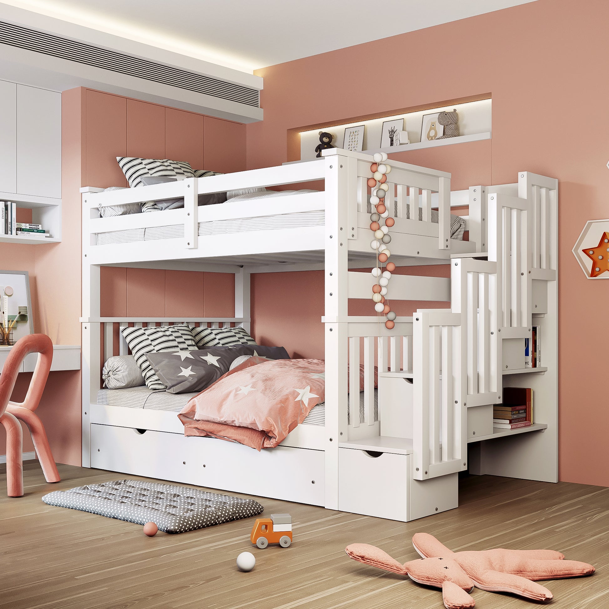 Full Over Full Bunk Bed With Shelves And 6 Storage Drawers, White Old Sku:Lp000046Aak White Solid Wood