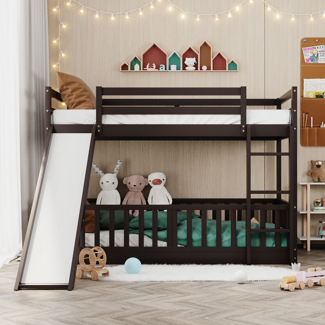 Twin Over Twin Bunk Bed With Slide And Ladder, Espresso Old Sku:Lp000009Aap Espresso Solid Wood