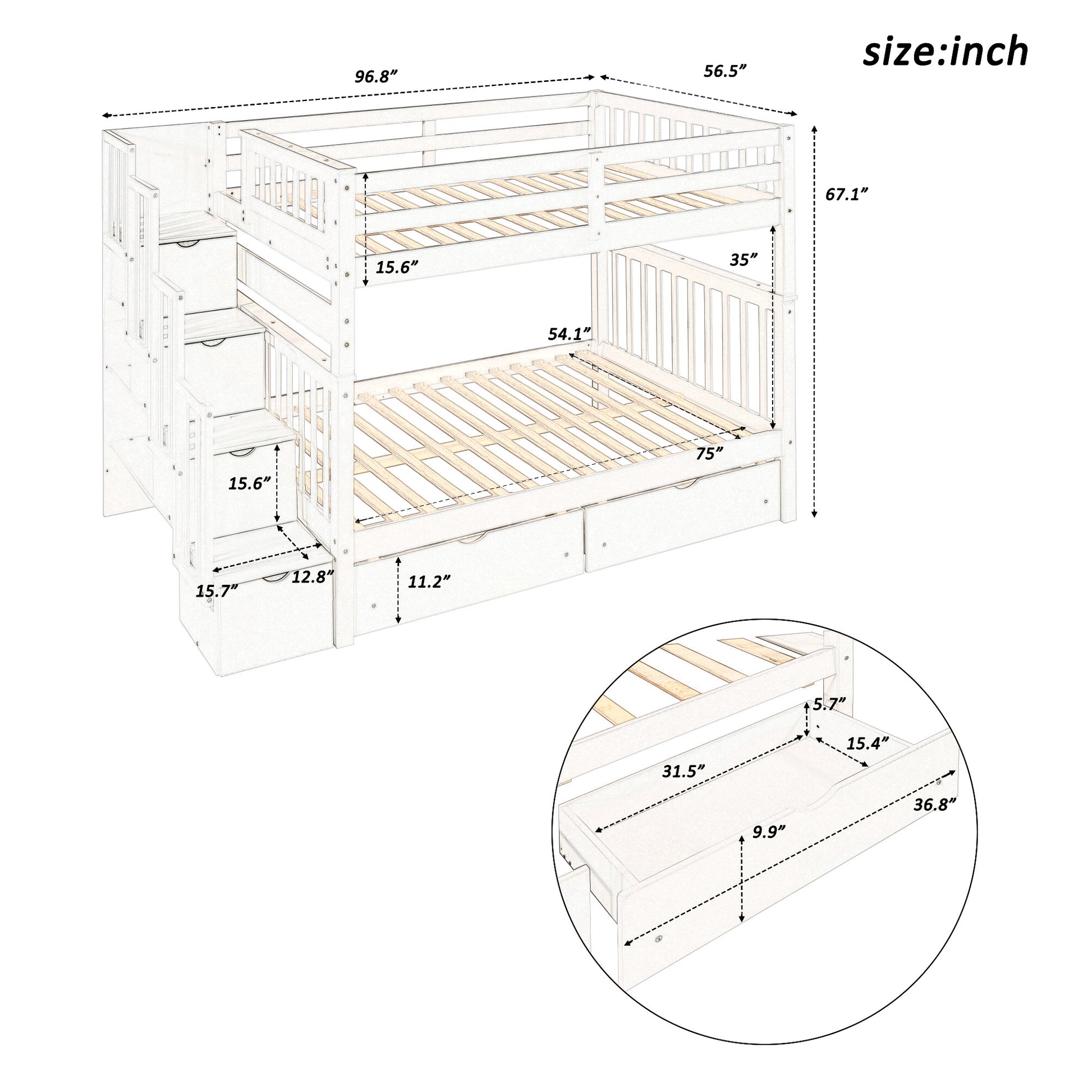 Full Over Full Bunk Bed With Shelves And 6 Storage Drawers, White Old Sku:Lp000046Aak White Solid Wood