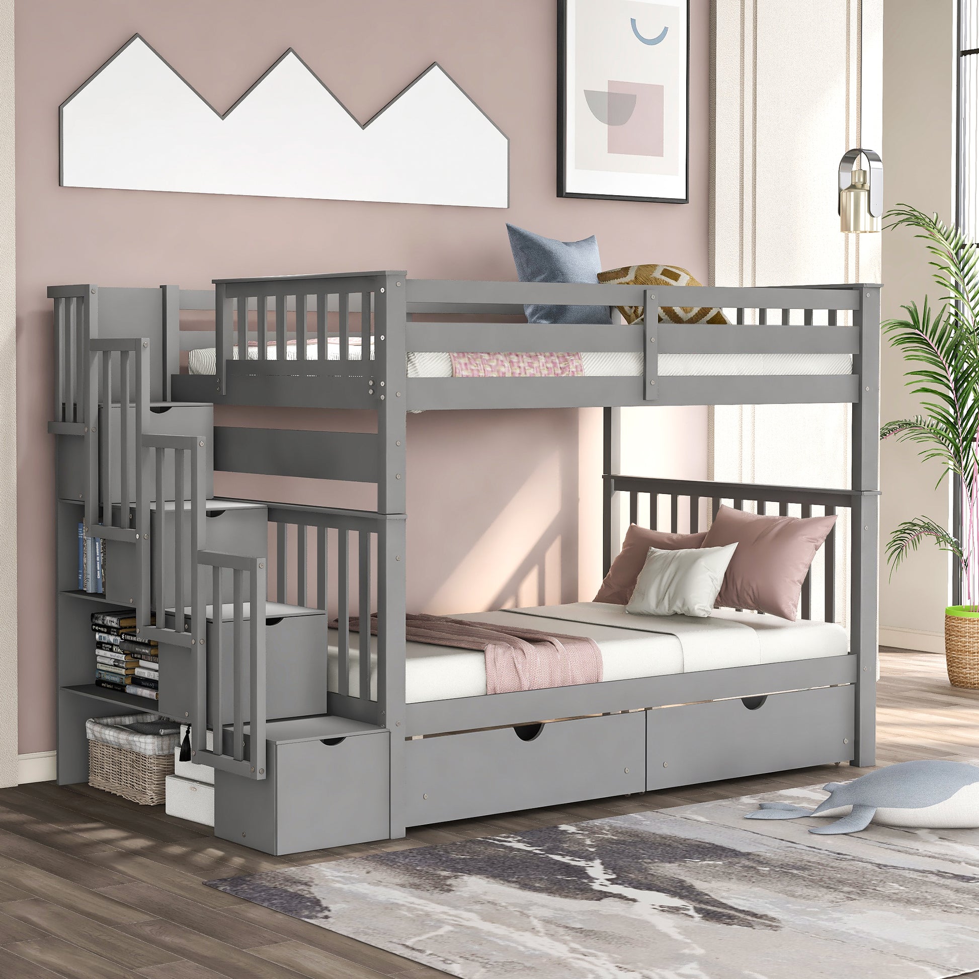 Full Over Full Bunk Bed With Shelves And 6 Storage Drawers, Gray Old Sku:Lp000046Aae Gray Solid Wood