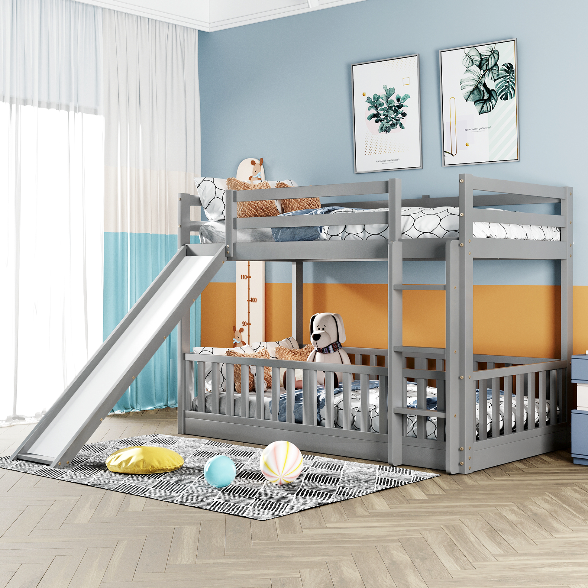 Twin Over Twin Bunk Bed With Slide And Ladder, Gray Old Sku:Lp000009Aae Gray Solid Wood