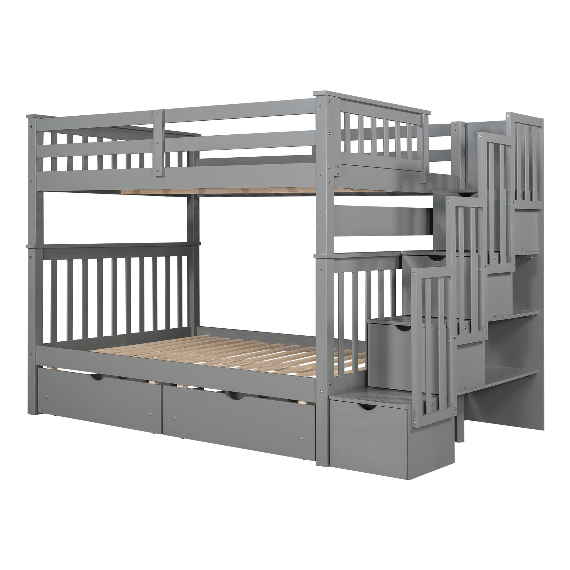 Full Over Full Bunk Bed With Shelves And 6 Storage Drawers, Gray Old Sku:Lp000046Aae Gray Solid Wood