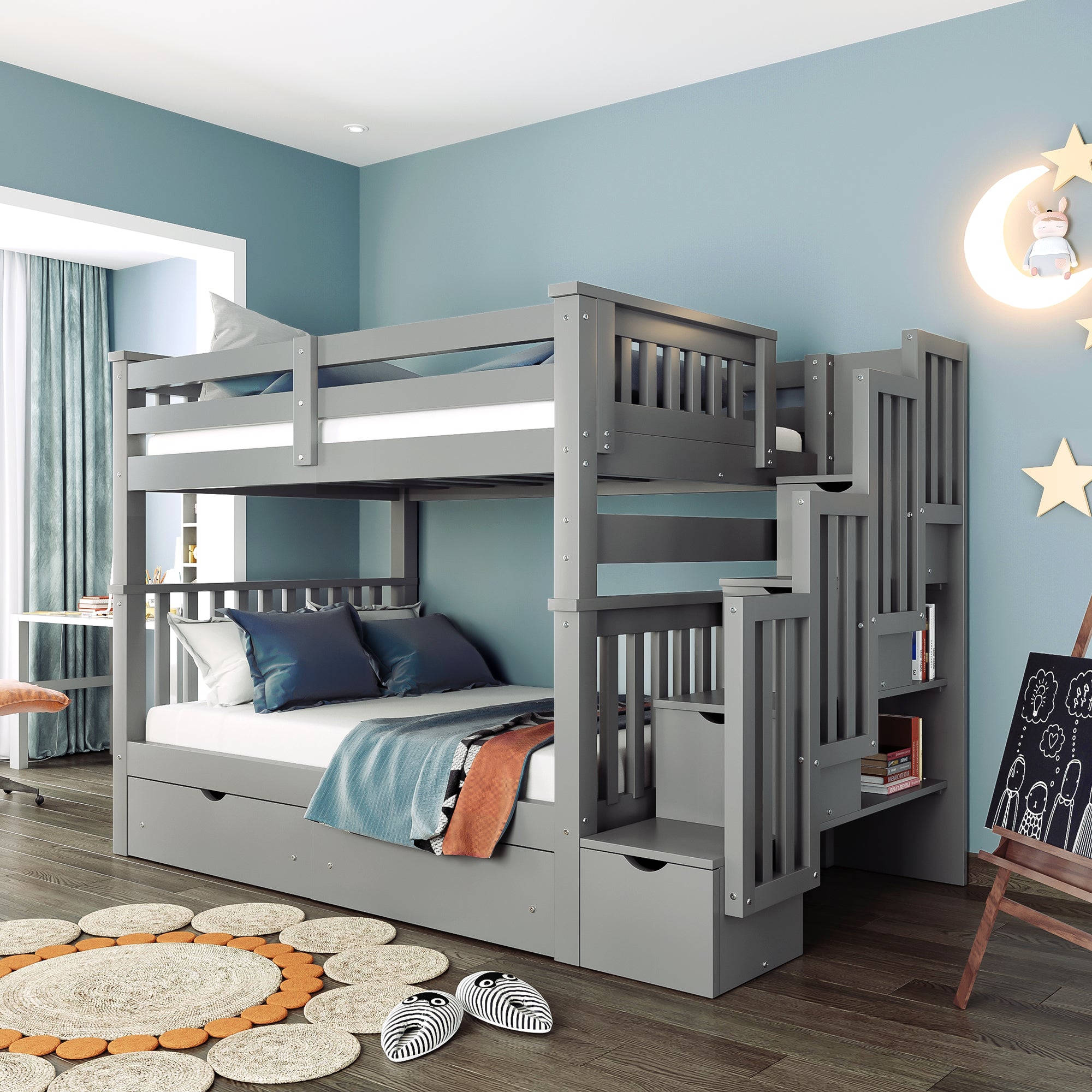 Full Over Full Bunk Bed With Shelves And 6 Storage Drawers, Gray Old Sku:Lp000046Aae Gray Solid Wood