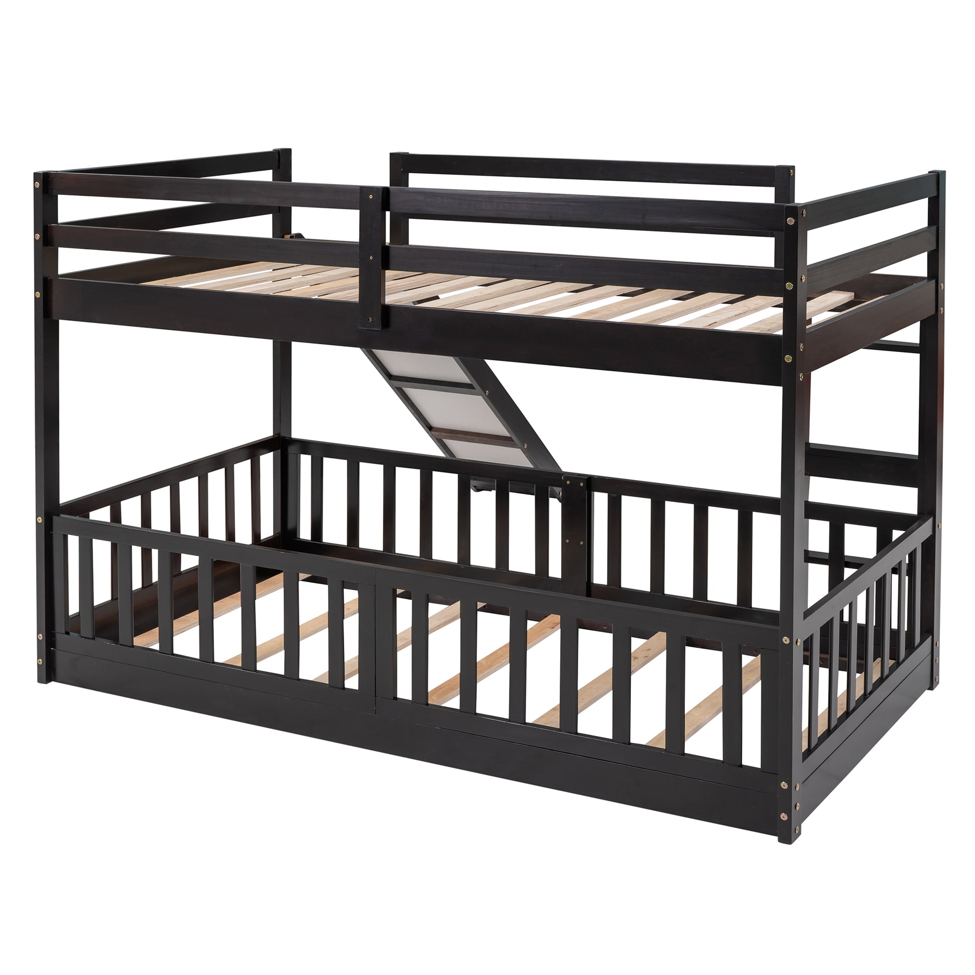 Twin Over Twin Bunk Bed With Slide And Ladder, Espresso Old Sku:Lp000009Aap Espresso Solid Wood