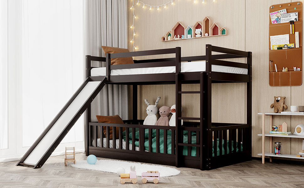 Twin Over Twin Bunk Bed With Slide And Ladder, Espresso Old Sku:Lp000009Aap Espresso Solid Wood