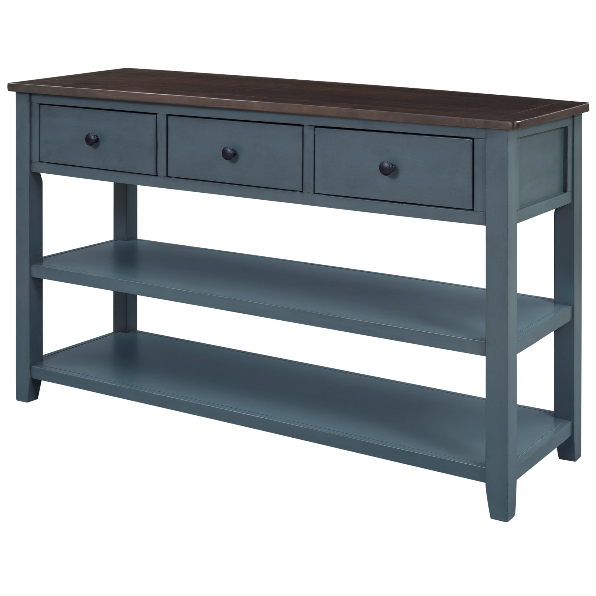 Retro Design Console Table With Two Open Shelves, Pine Solid Wood Frame And Legs For Living Room Navy Navy Solid Wood