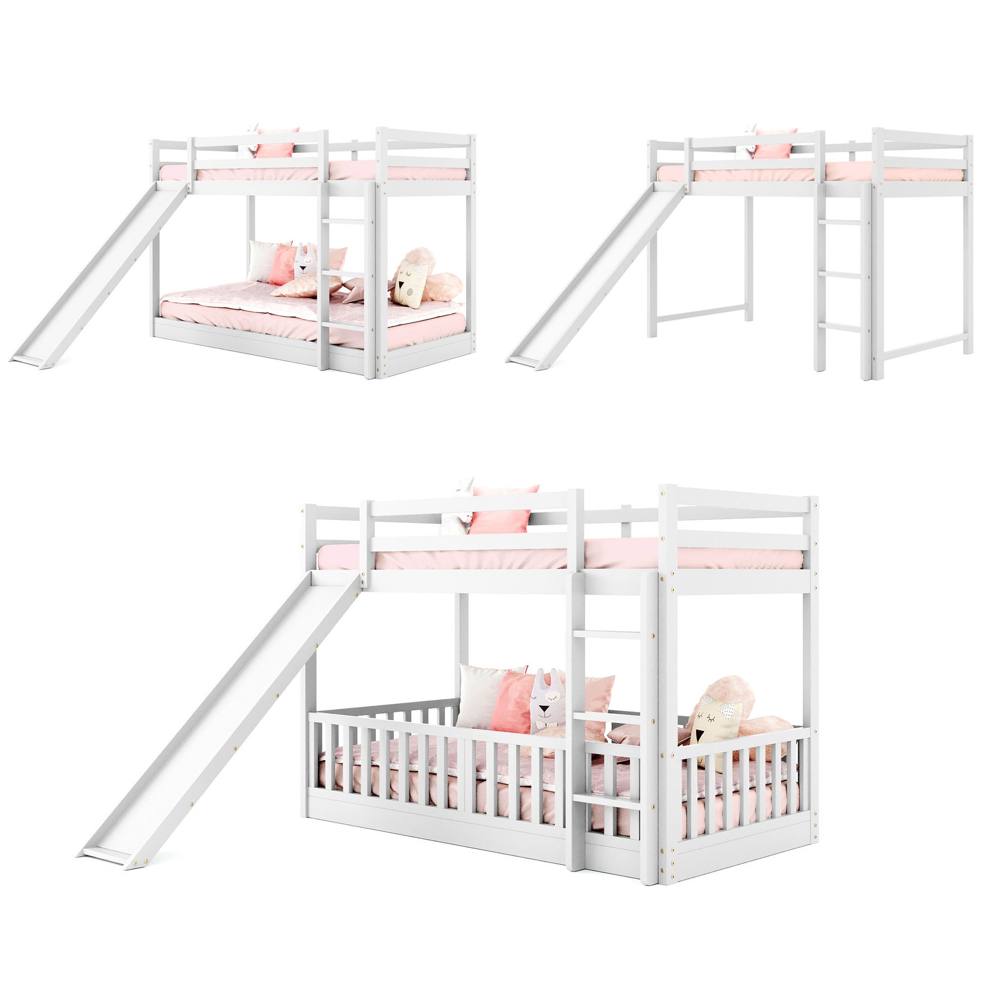 Twin Over Twin Bunk Bed With Slide And Ladder, White Old Sku:Lp000009Aak White Solid Wood