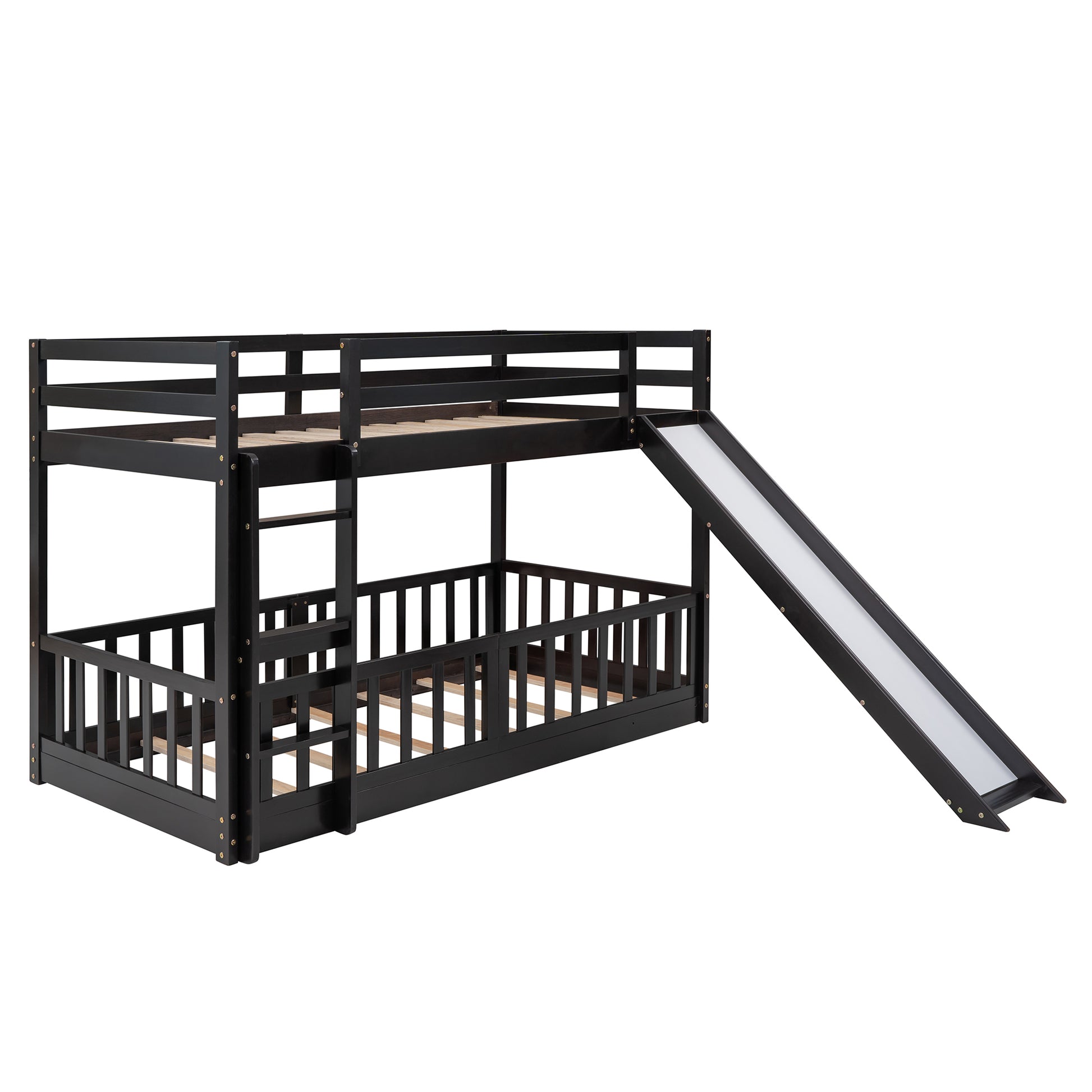 Twin Over Twin Bunk Bed With Slide And Ladder, Espresso Old Sku:Lp000009Aap Espresso Solid Wood