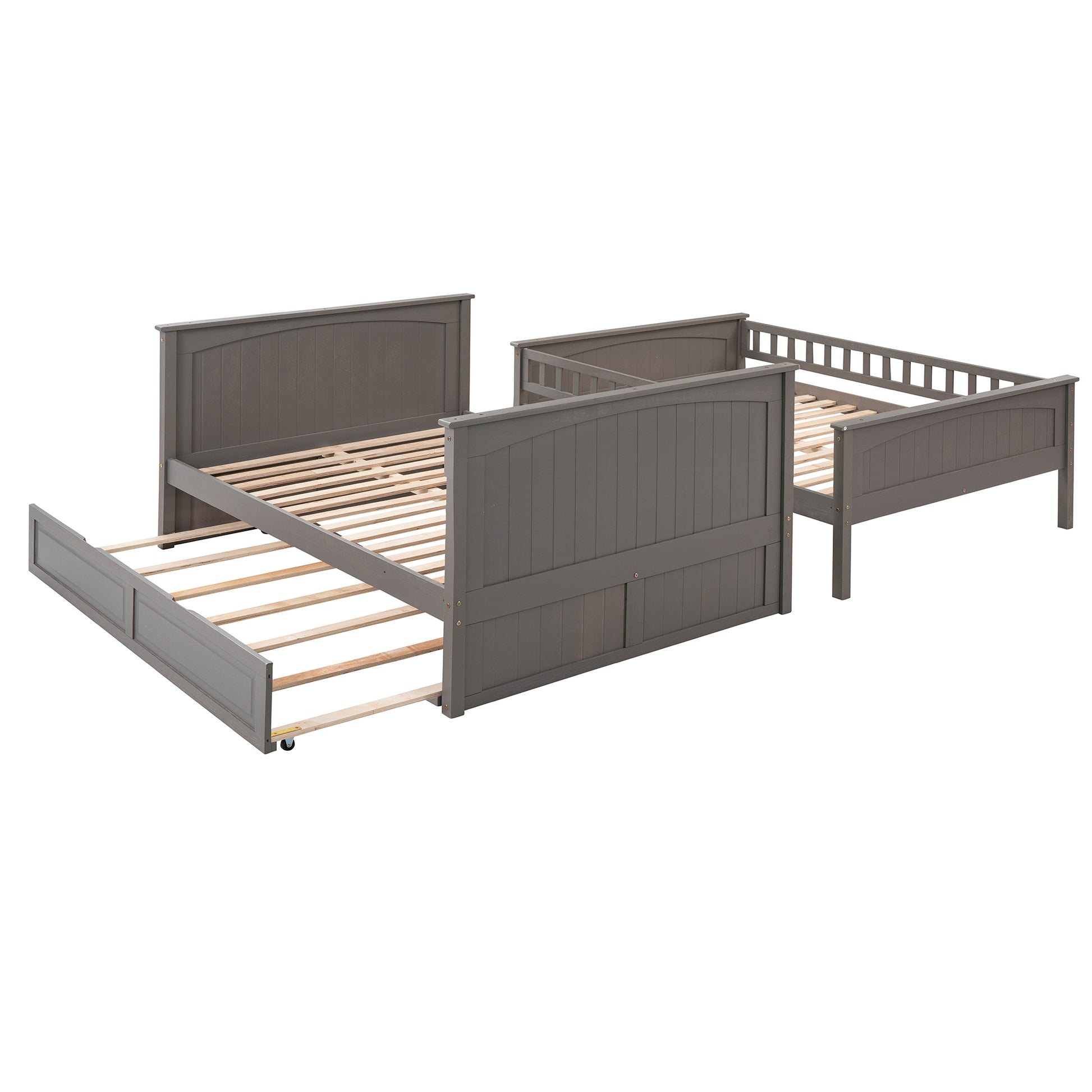 Full Over Full Bunk Bed With Twin Size Trundle, Pine Wood Bunk Bed With Guardrails, Brushed Gray Old Sku Lp000044Aan Gray Solid Wood