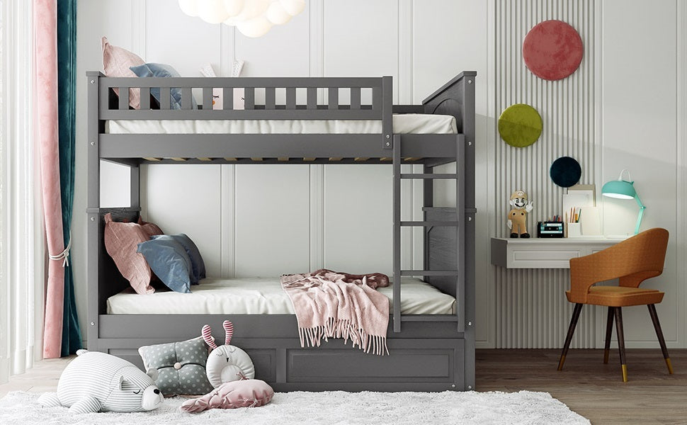 Full Over Full Bunk Bed With Twin Size Trundle, Pine Wood Bunk Bed With Guardrails, Brushed Gray Old Sku Lp000044Aan Gray Solid Wood