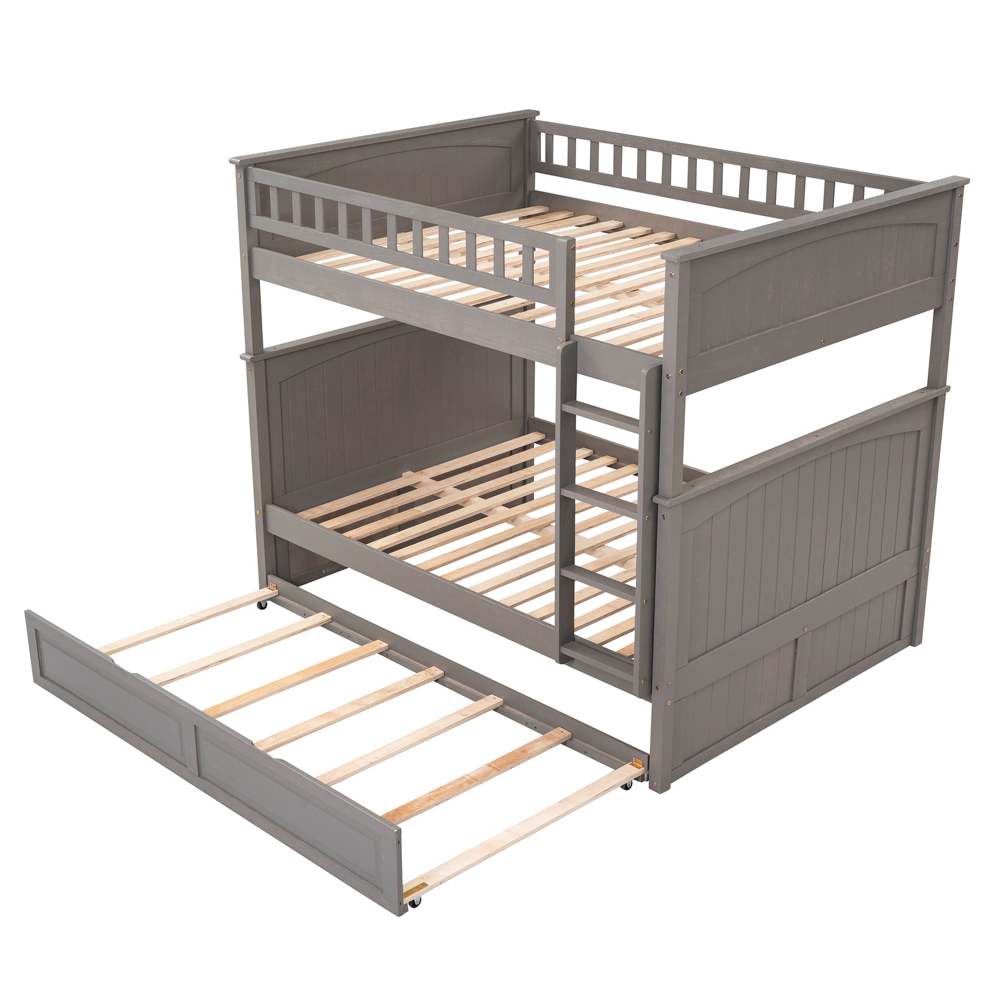 Full Over Full Bunk Bed With Twin Size Trundle, Pine Wood Bunk Bed With Guardrails, Brushed Gray Old Sku Lp000044Aan Gray Solid Wood