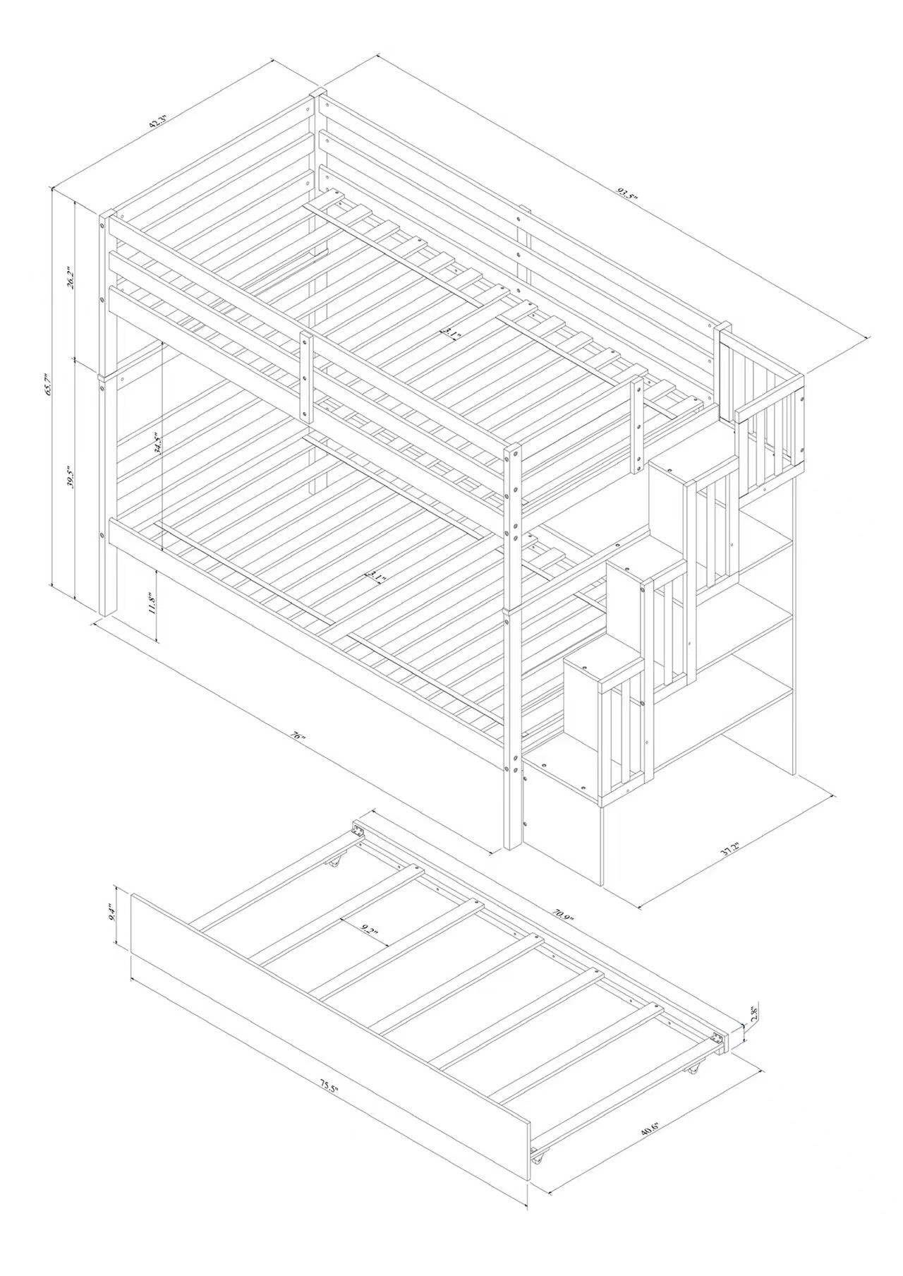 Twin Over Twin Bunk Beds With Twin Trundle And Stairway Storage Function In Grey Color Gray Pine