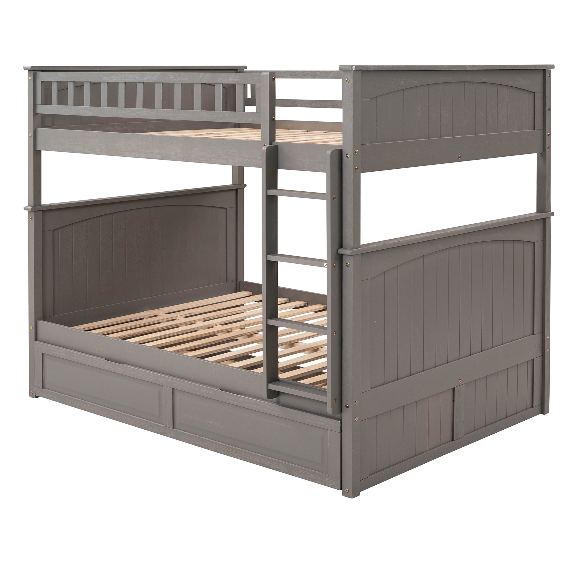 Full Over Full Bunk Bed With Twin Size Trundle, Pine Wood Bunk Bed With Guardrails, Brushed Gray Old Sku Lp000044Aan Gray Solid Wood