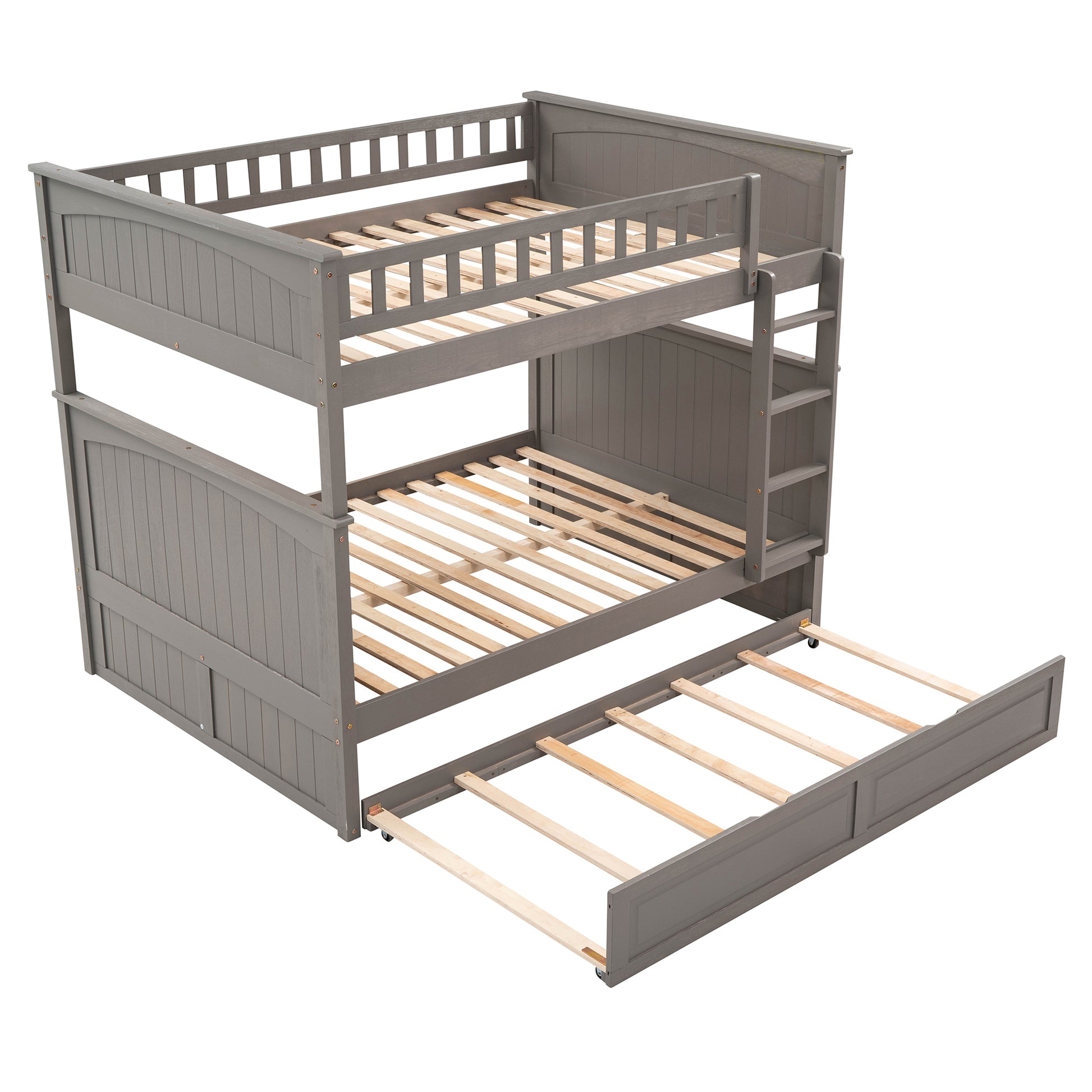 Full Over Full Bunk Bed With Twin Size Trundle, Pine Wood Bunk Bed With Guardrails, Brushed Gray Old Sku Lp000044Aan Gray Solid Wood