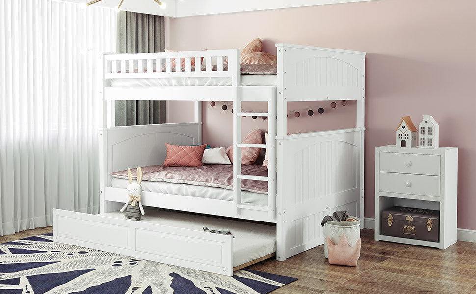 Full Over Full Bunk Bed With Twin Size Trundle, Pine Wood Bunk Bed With Guardrails, White Old Sku:Lp000044Aak White Solid Wood